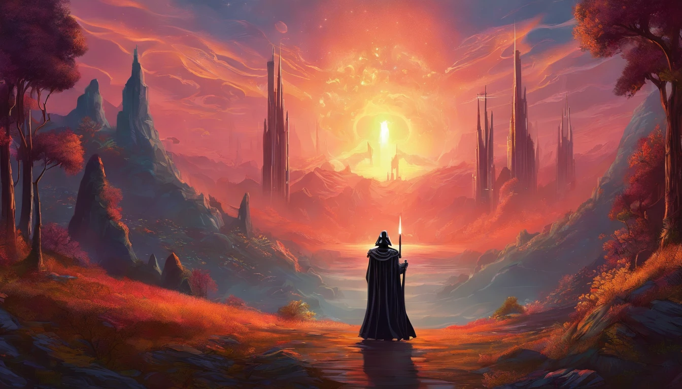 Cinematographic art by (dan mumford:1.3) estilo,(close up:1.1) Como Darth Vader gosta de seu brinde? No lado escuro., anatomia e postura requintadas, 8k uhd, (nsfw:1.2), no canto mestre yoda com seu sabre de luz verde
