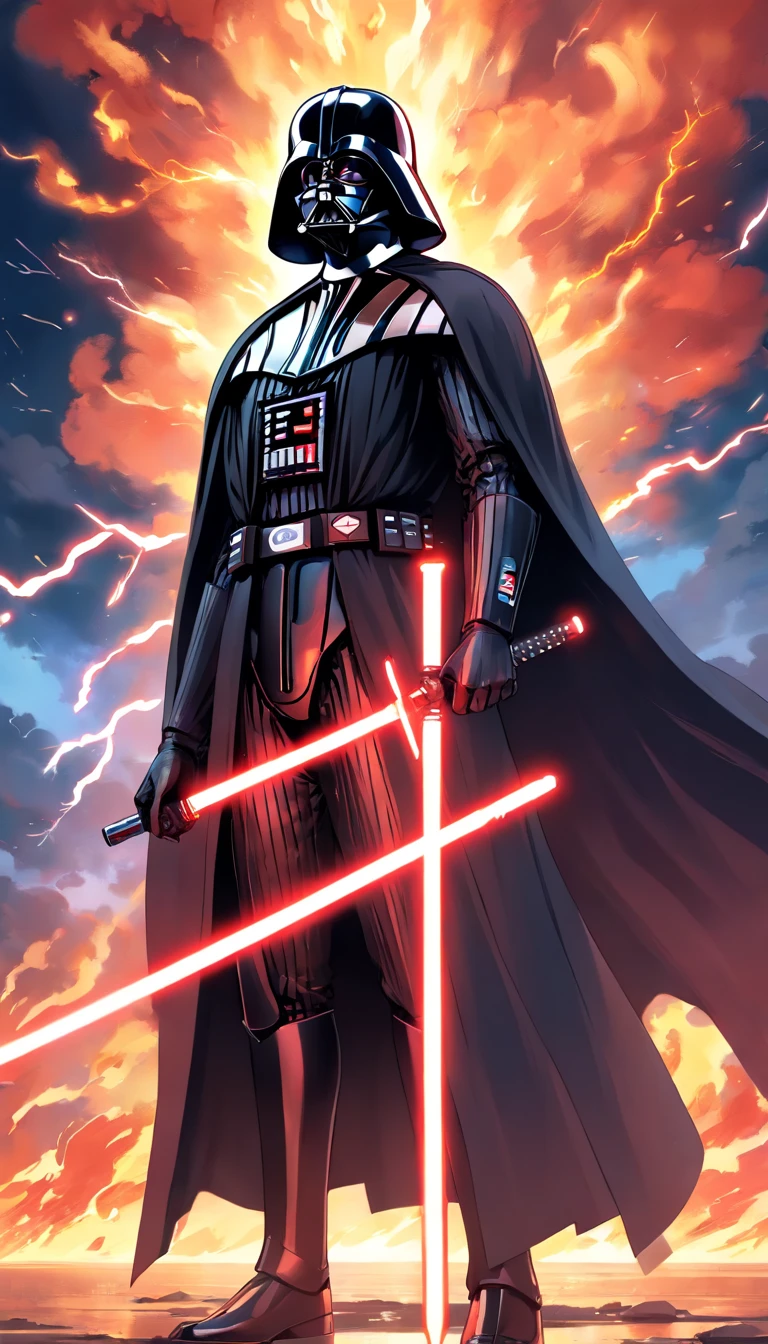 Darth Vader, surrounded by flames and lightning with thunder, segurando um sabre de luz vermelho