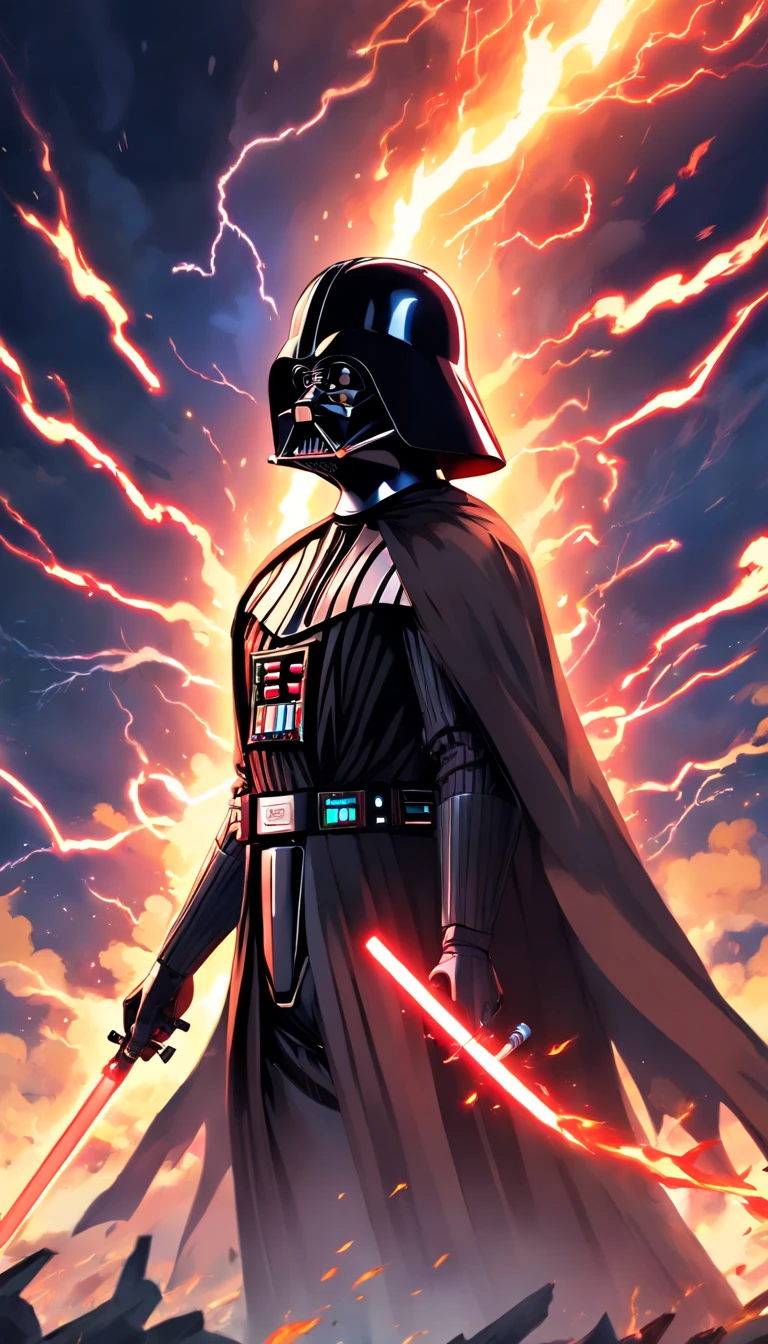 Darth Vader, surrounded by flames and lightning with thunder, segurando um sabre de luz vermelho