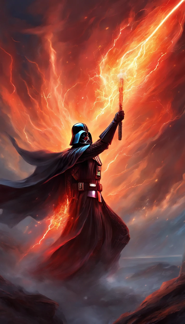 Darth Vader, surrounded by flames and lightning with thunder, segurando um sabre de luz vermelho