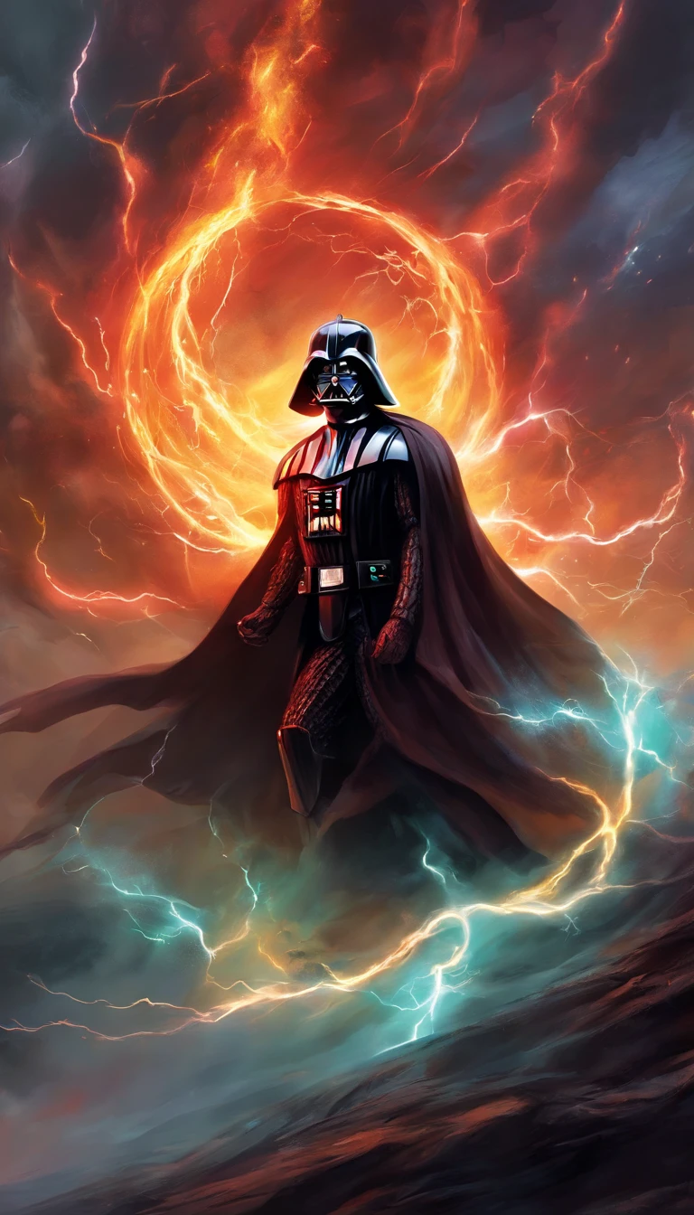 Darth Vader, surrounded by flames and lightning with thunder, segurando um sabre de luz vermelho