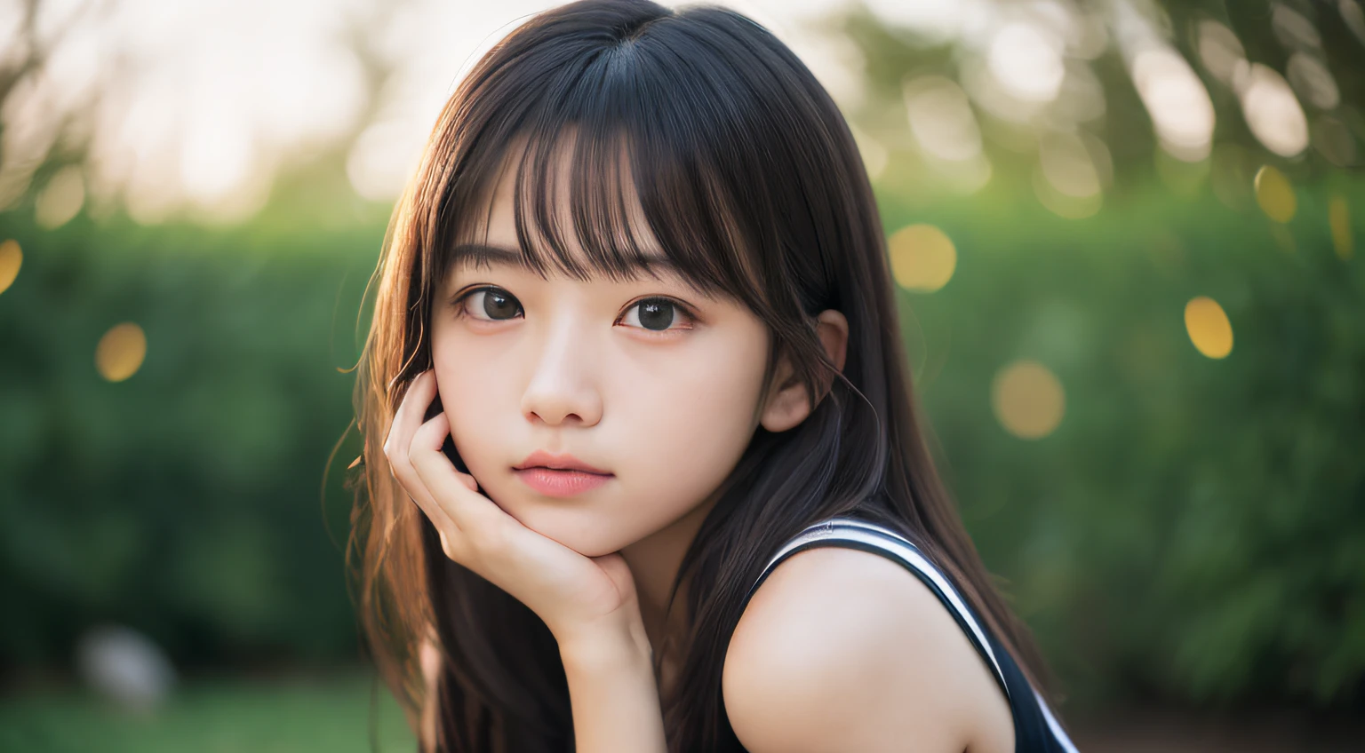 masutepiece, Best Quality, 8K, 15yo student, Teen, Raw photo, absurderes, award winning portrait, Solo, Night, neons, Idol face, violaceaess, gardeniass, Delicate girl, Upper body, Digital SLR, Looking at Viewer, Candid, Sophisticated, zora々Right, Thin arms, Professional Lighting, Film grain, chromatic abberation, (Eyes and faces with detailed:1.0), (Bokeh:1.1)