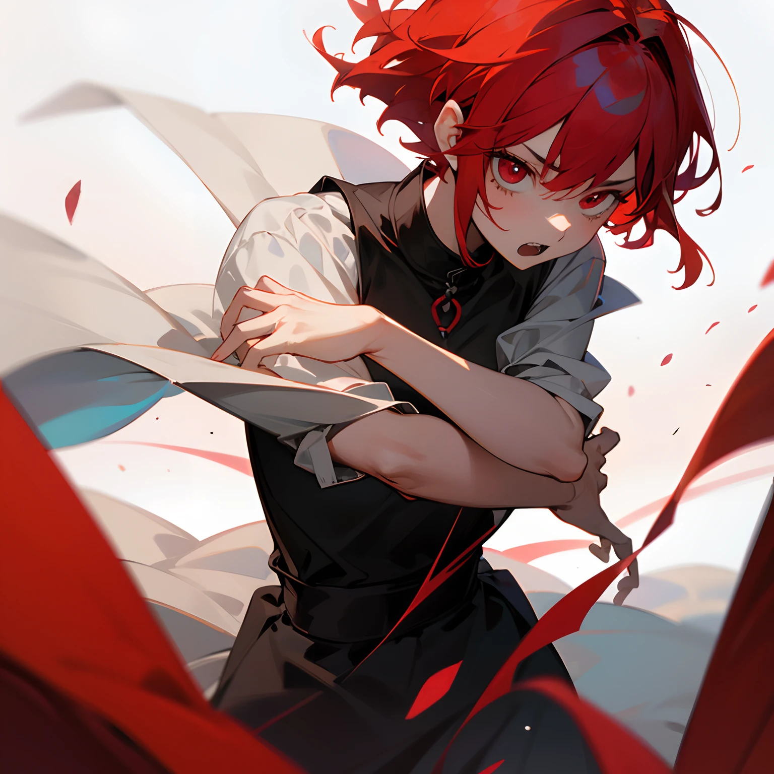 Beautiful girl with short hair、red hairs、Red Eyes、Scared look、white plain background、double tooth、