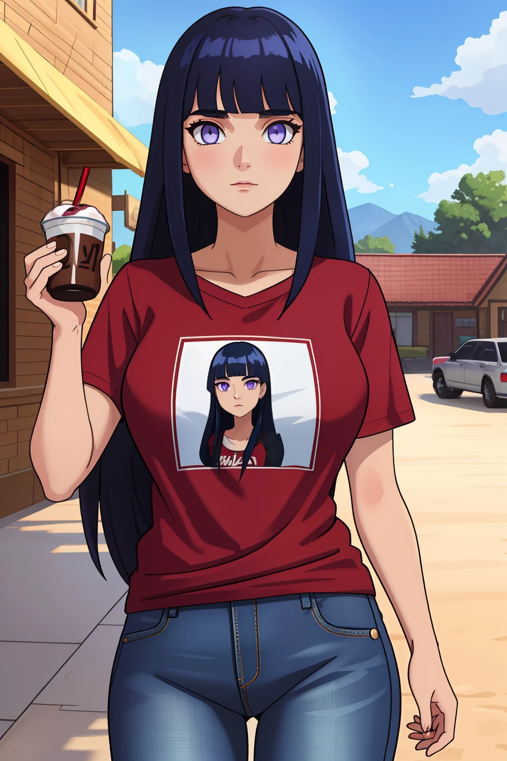 (8k, RAW photo, best quality, masterpiece:1.2), (intricate details), perfect eyes, perfect face, perfect lighting, beautiful, (masterpiece:1.2), (best quality:1.2), 1girl, solo, marinette, dark blue hair, ((long hair down)), adult torso, , Blunt Bangs, purple eyes, (jeans, red t-shirt), holding a chocolate milkshake, cowboy shot, 3DMM