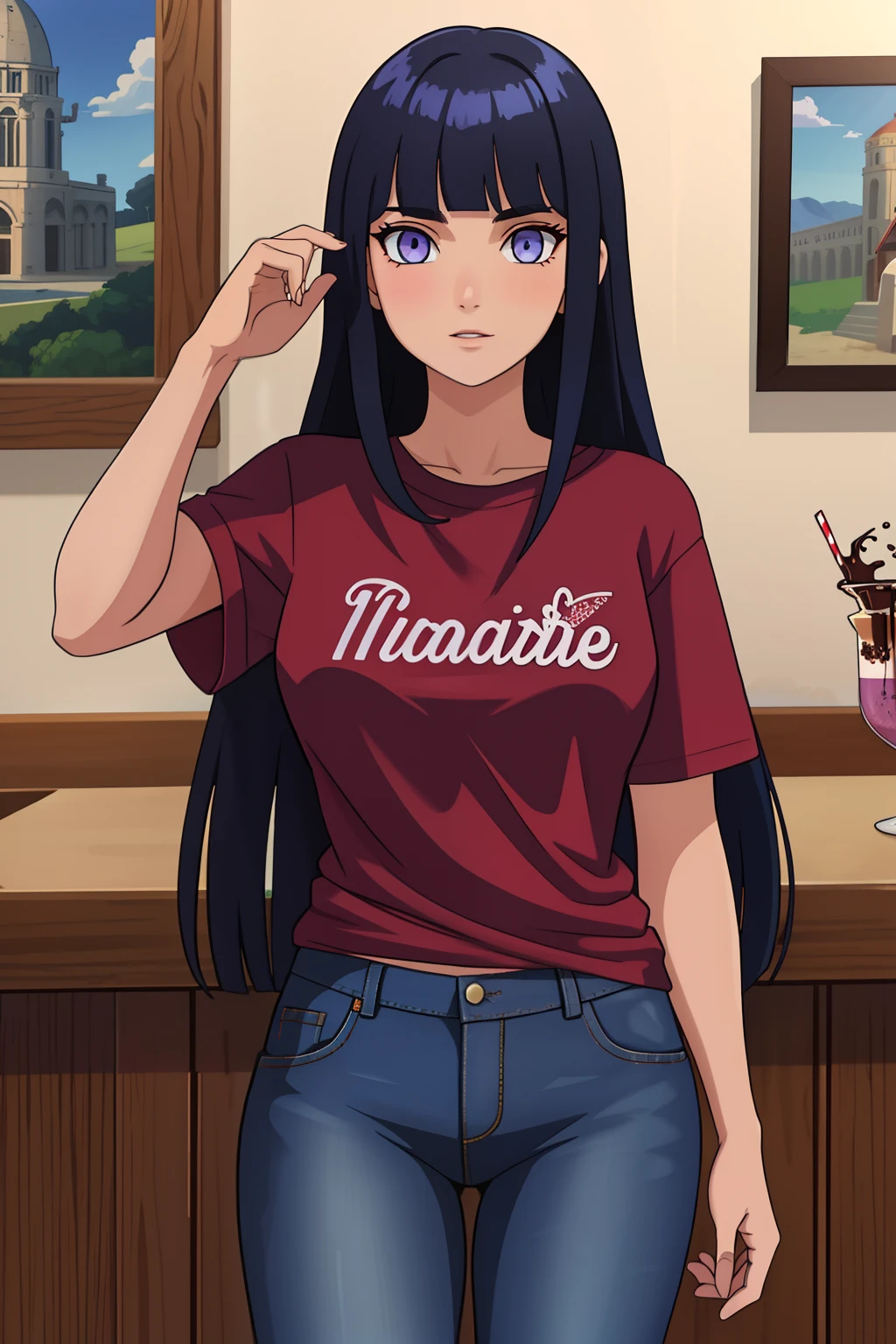 (8k, RAW photo, best quality, masterpiece:1.2), (intricate details), perfect eyes, perfect face, perfect lighting, beautiful, (masterpiece:1.2), (best quality:1.2), 1girl, solo, marinette, dark blue hair, ((long hair down)), adult torso, , Blunt Bangs, purple eyes, (jeans, red t-shirt), holding a chocolate milkshake, cowboy shot, 3DMM