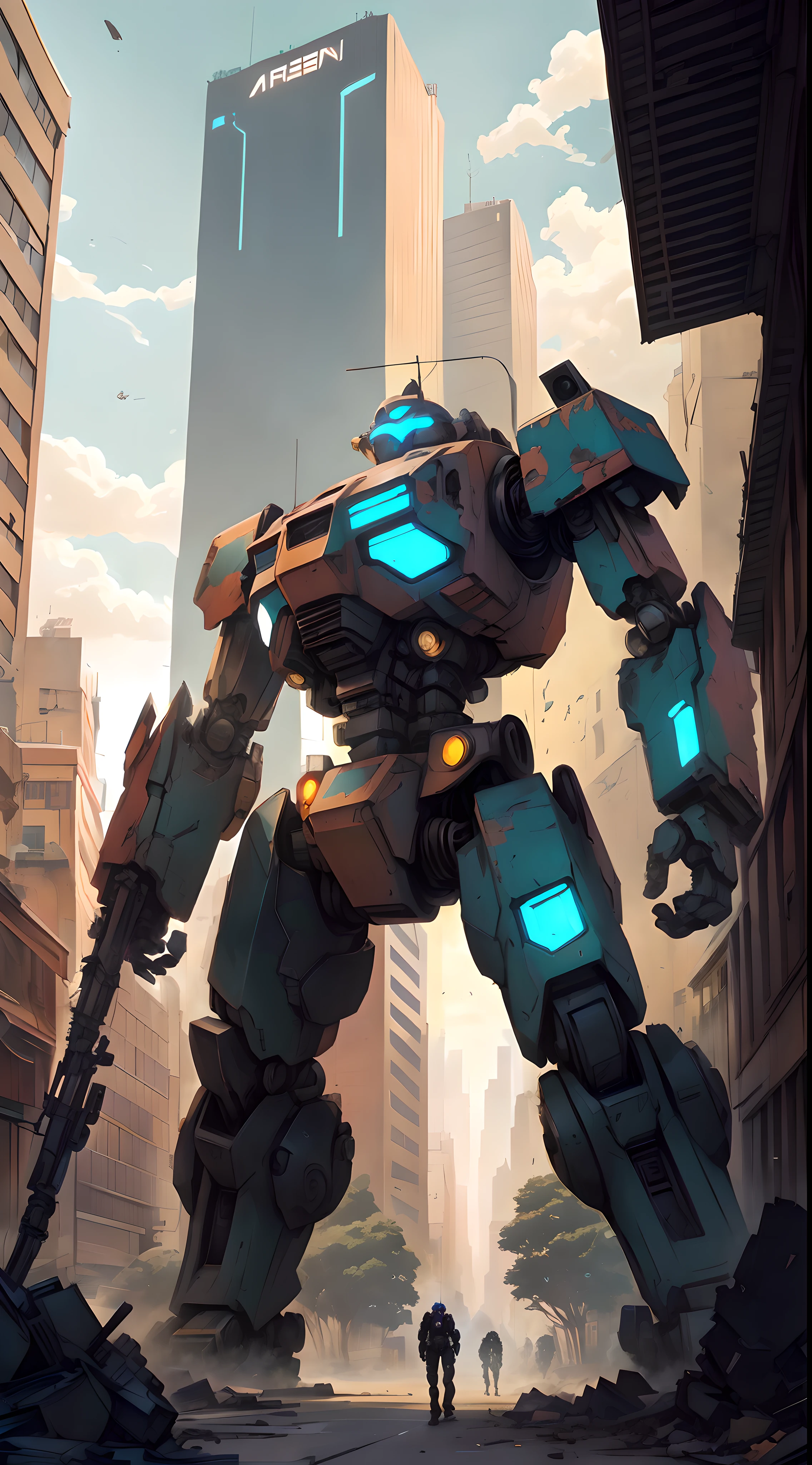arafed robot standing in a city street with a building in the background, giant mech, discarded mech in background, josan gonzales, inspired by Josan Gonzalez, giant broken robot, big mecha, giant robot mech, attacking civilians, krenz cushart and artem demura, comic book style battlemech, alexandre ferra mecha