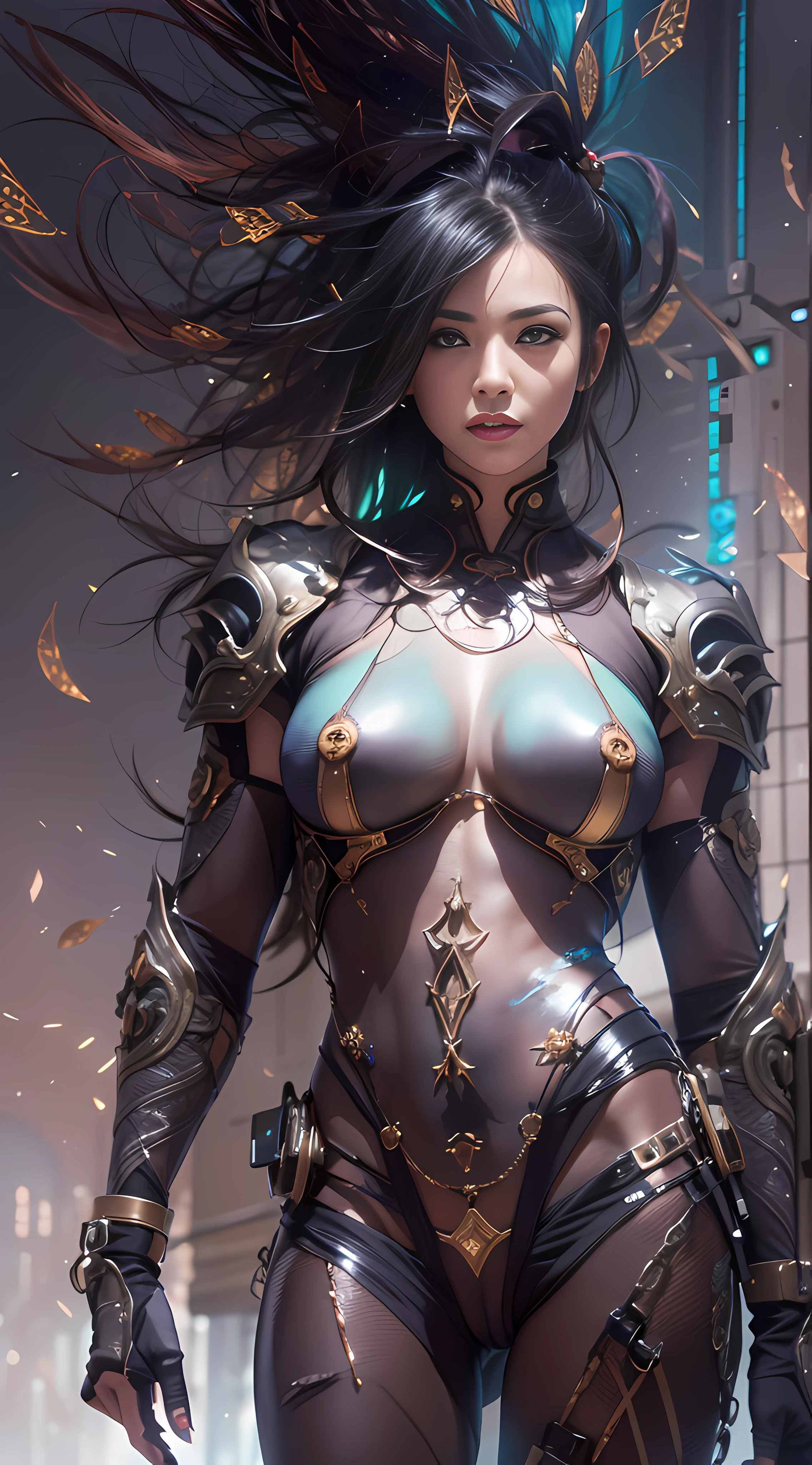 full body naked, (nude young woman), digital painting art, a cute pretty beautiful woman in gothic space suit with bright asian eyes, concept art by Pino Daeni, Jeremy Mann, 32k, OLED, smooth, cinematic lighting, hyperrealism, masterpieces, lush vivid colors, backlighting hair, back lighting, volumetric lighting, award winning artwork, warm colors, contrast, mystical, fantasy, rough shading, dynamic lighting, lights, detailed, octane render