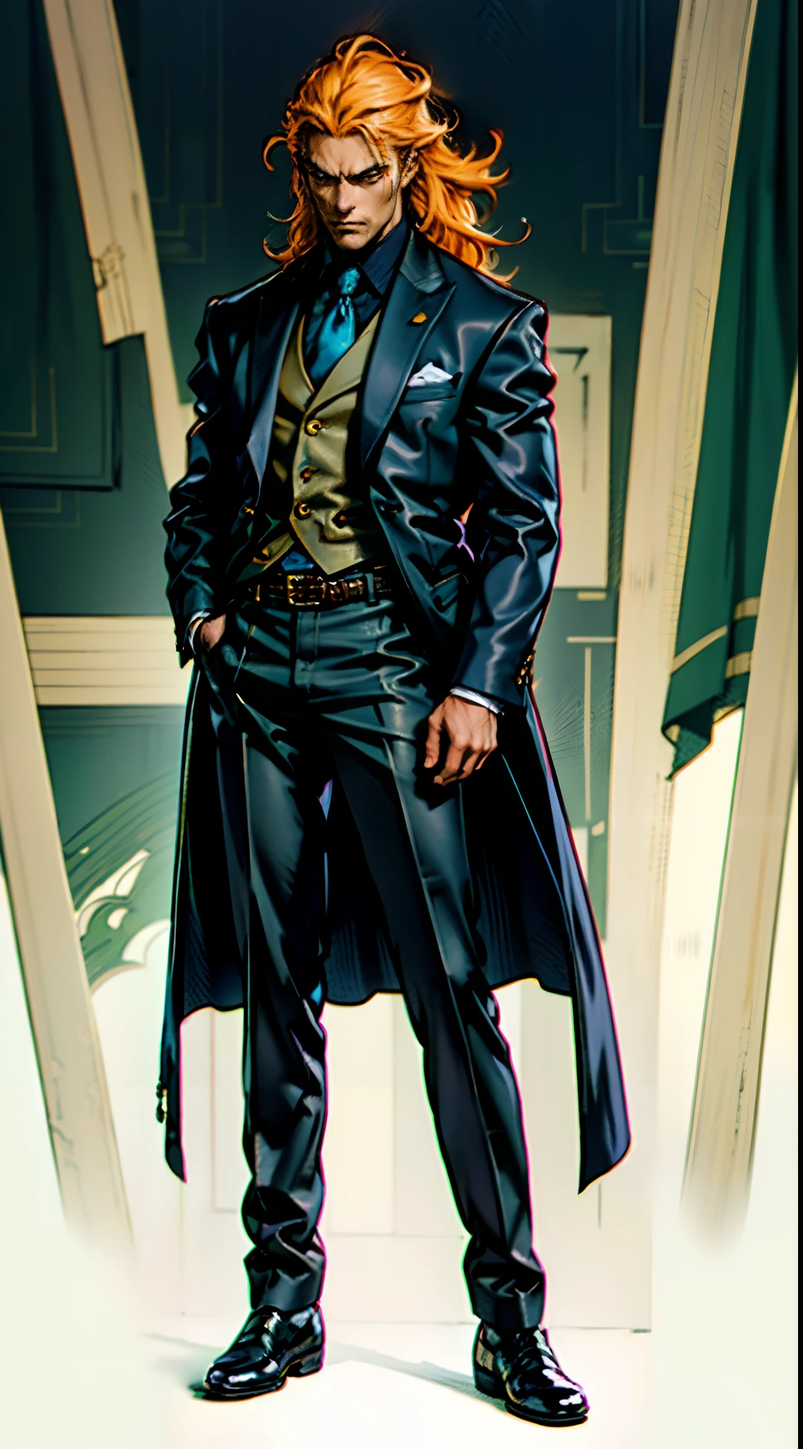 A man with long orange-yellow hair, neatly combed back, leaving a long tuft of bangs, he has slender eyebrows, sharp and intelligent eyes, his face is elongated and lean, he wears a dark Western-style fitted suit, a sleeveless long overcoat on top, a belt wraps around his waist, he wears loose trousers, stands in a luxurious Chinese-style hall, displaying a dignified expression, exuding a powerful aura, emanating a radiant fighting spirit, this character embodies a finely crafted fusion of Eastern and Western influences in a wise and sophisticated in anime style, characterized by a sophisticated and mature manga illustration art style, full body character drawing, high definition, best quality, highres, ultra-detailed, ultra-fine painting, extremely delicate, professional, anatomically correct, symmetrical face, extremely detailed eyes and face, high quality eyes, creativity, RAW photo, UHD, 8k, Natural light, cinematic lighting, masterpiece:1.5