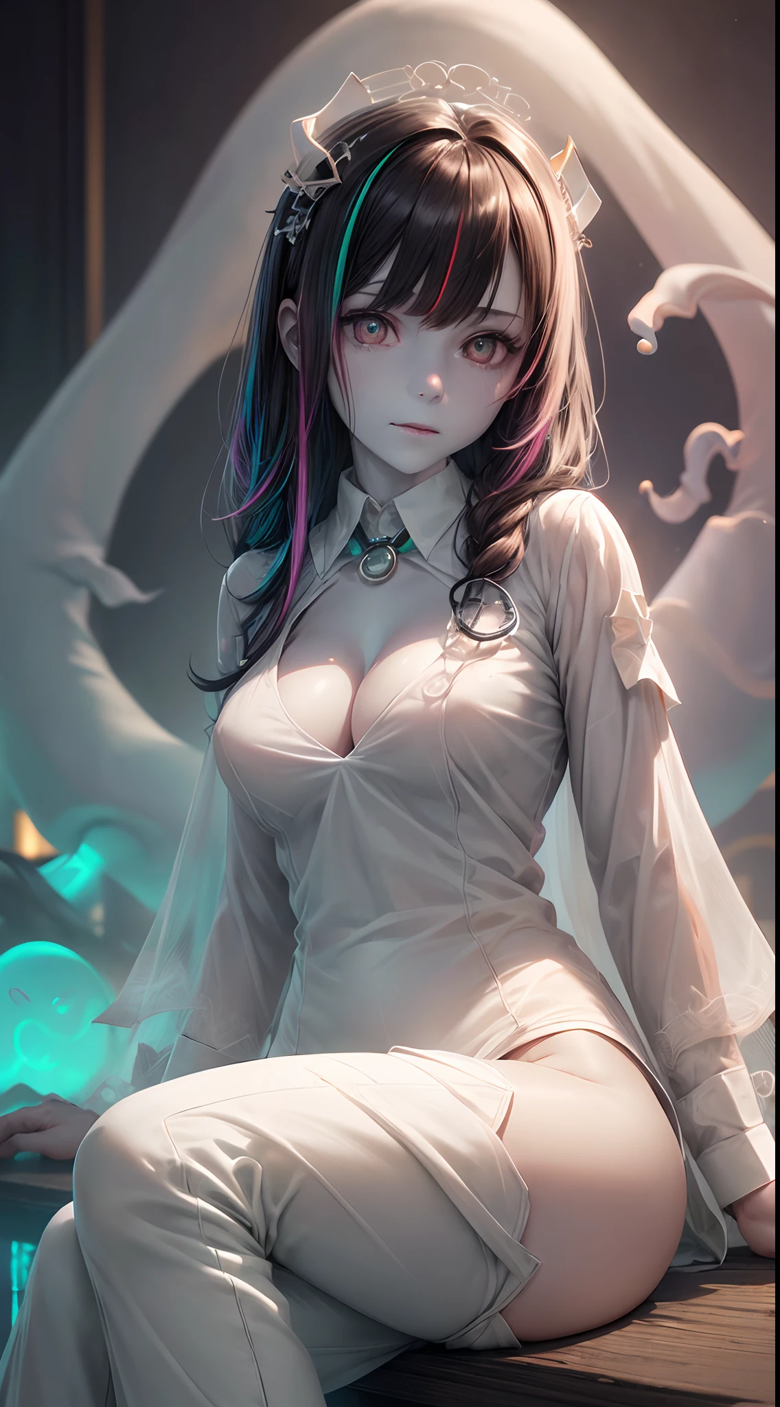 (ghosty:1.85) (doctor:1.5) (nurse:0.65) girl, (white doctor coat:1.4), (spirit, spiritual:1.2), 1girl, perfect and well designed glowing shiny eyes, (beautiful detailed eyes:1.05), natural medium breasts, slim body, beautiful and delicate cute face, (face detail), ((realistic face)), pores, ((pale grey skin)), detailed skin, realistic skin, (((bioluminescence))), ((shiny skin)), (multicolored gradation skin), (monster girl:1.25), human face, medium length hair, hair voluminous, (((((multicolored gradation hair))))), (dark-haired:1.75), super high resolution, 8k, parameters Best quality, (masterpiece:1.4), (magic accessories:1.4), bracelets, extremely detailed thick tight ((white:1.5), (green:1.2), (pink:0.5)) (medical uniform:1.5), (shirt:1.7), (pants:1.3), (standing nipples under cloth:1.3), (cameltoe:1.5), (neckline:1.3), (cleavage:1.4), (decolette:1.5), Young Girl, Little Beast, (Smile:0.9), (pale Skin:1.85), ultra detailed, photorealistic, ((Real image)), (best quality:1.4), super high resolution, (Realistic 2.0), More details, (((1girl))), {(medical ward:1.2)|(doctor office:1.2)}, (beautiful and aesthetic:1.2), (fractal art:1.4), (cinematic light:1.1), (DUTCH ANGLE:1.2), full body, 16K, HDR, RTX, Ray Tracing, Radiosity, Anisotropic Filtering, Subsurface Scattering, (((magic lights))), metallic reflections, Detailed, Realistic, 4k highly detailed digital art, (cool_color), extremely detailed CG unity 8k wallpaper, vibrant colors, (seductive sitting pose:1.6)