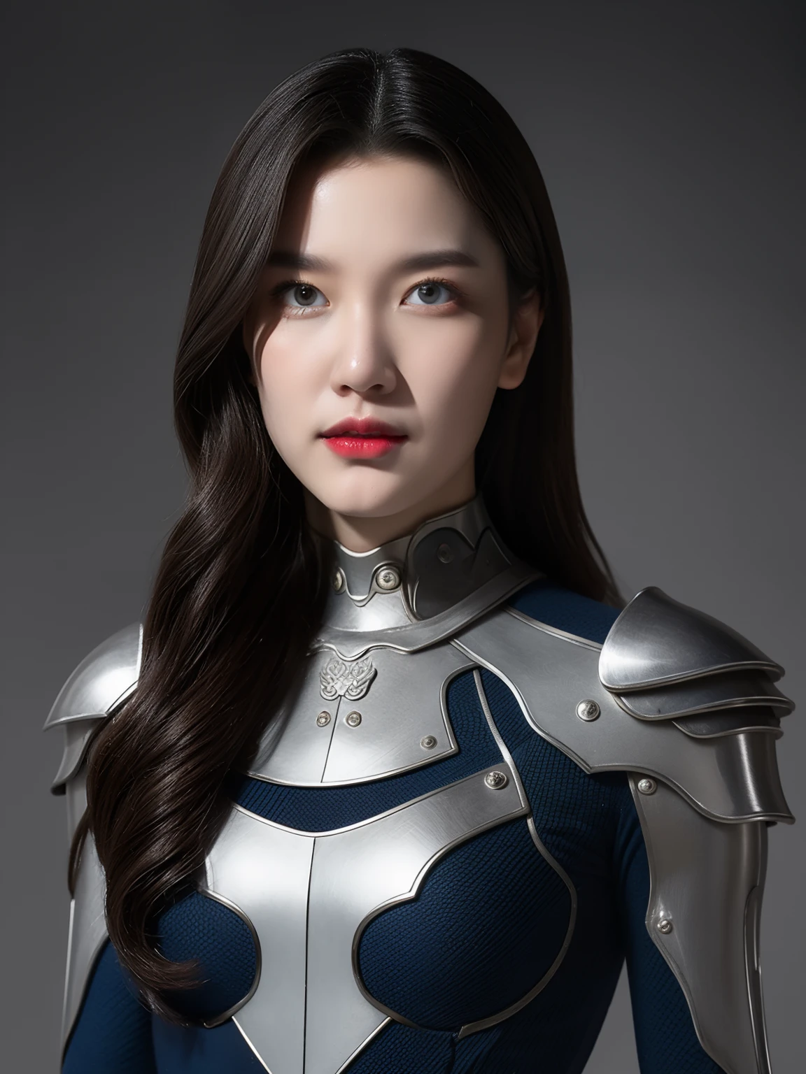 Masterpiece, Best quality, high resolution, 8K, Portrait, Realistic photo,（ Combine clothing with Korean fashion design），Digital photography, full bodyesbian, 1 -yeld gi (Cyborg), Beautiful blue-gray gradient long hair, Blue eyes, Intricate, elegant, Highly detailed, The crown of evil, Black dress, ,Silver metal exoskeleton armor, Intricate knightly hollow armor,power armour, Openwork design, mechanical structure, Photo pose, Solemn,, Red lips, From the movie《Final Fantasy XV》.Metallic texture, oc rendered，Reflective texture, ((Clothing cutting)), ((Set against the backdrop of the castle and the huge Moster))