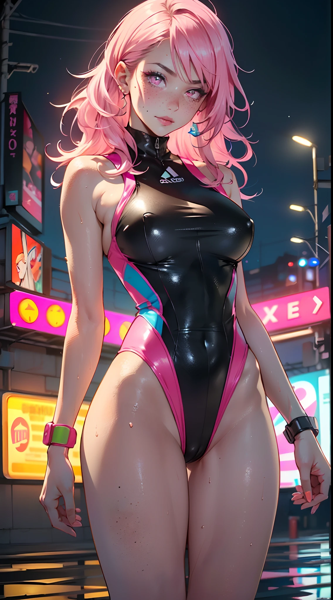 sporty girl,(((1girl))),((girl with bubblegum pink hair and freckles,extremely cute and gorgeous)),

(large breasts:1.4),saggy breasts,(((bubblegum pink hair:1.35,straight hair,long hair:1.4,colored inner hair,ear breathing))),(((neon_pink_eyes:1.3))),intricate eyes,beautiful detailed eyes,symmetrical eyes,(((freckles on the face,freckles,freckled girl))),((fat)),(((lustrous skin:1.5,bright skin: 1.5,skin tanned,shiny skin,very shiny skin,shiny body,plastic glitter skin,exaggerated shiny skin,illuminated skin, wet legs))),(spider lower abdomen,narrow waist,wide hip,athletic body,inflated legs,detailed body,(detailed face)),

cute,slutty,seductive,erotic,(((nsfw))),

zettai ryouiki,((one-piece_swimsuit magenta,wearing a one-piece_swimsuit outfit:1.3,swimsuit type spacesuit,magenta armor swimsuit:1.3)),((wet clothes,intricate outfit,intricate clothes)),

(dynamic pose:1.0),embarrassed,(centered,scale to fit dimensions,Rule of thirds),

cyberpunk city by the ocean at night, with bright neon signs and dark stormy clouds and puddles, scenery:1.25,

artistic photography,(photography taken by sldr),highres, sharp focus, (ultra detailed, extremely detailed), (photorealistic artwork:1.37),(extremely detailed CG unity 8k wallpaper),((synthwave background theme)),(((vibrant colors))),(intricate background),(masterpiece),(best quality),