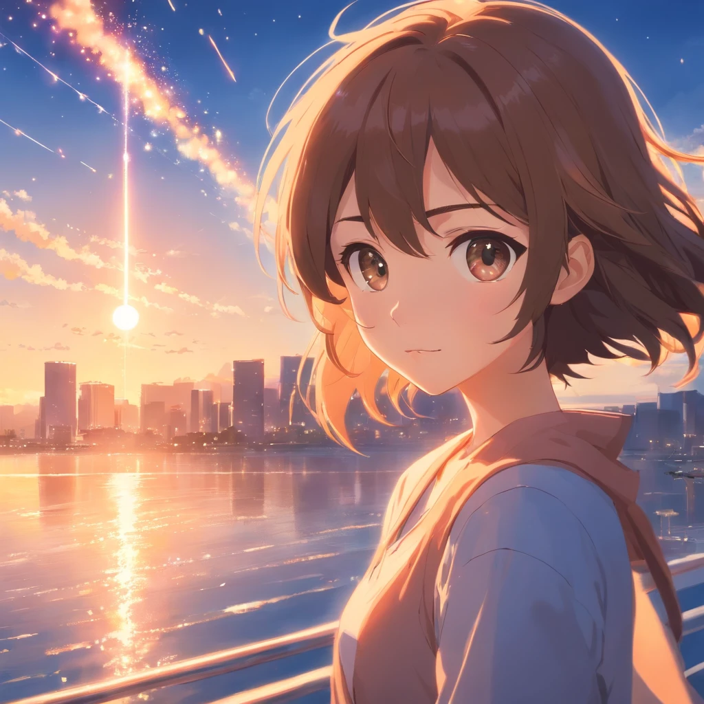 obra-prima, melhor qualidade, filme ainda, 1inceto, garoto nuvem, floating into the sky, Close-up, brilhante, Feliz, Soft lighting and Warm, sun sunset, (Sparks: 0,7)