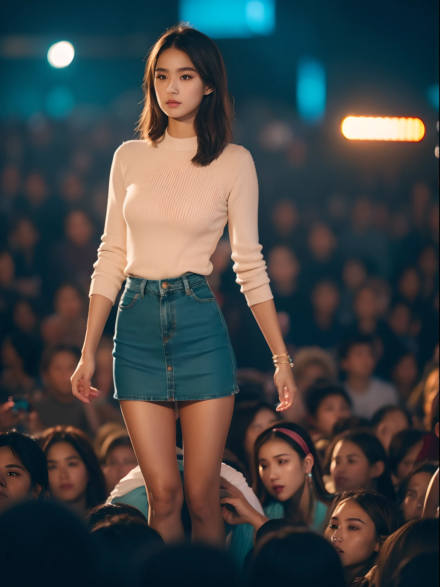 NIGHT SHOOT, Best quality, masterpiece, very high resolution, beautiful indonesian woman, 20 years old, facing the camera,, wearing brown coat, blue jeans short skirt,, professional model pose, dynamic pose, standing among thousands of people watching a music festival on stage, depth of blur, bokeh, dynamic lighting , realistic detail, high detail, high resolution, low contrast, cinematic teal orange grading