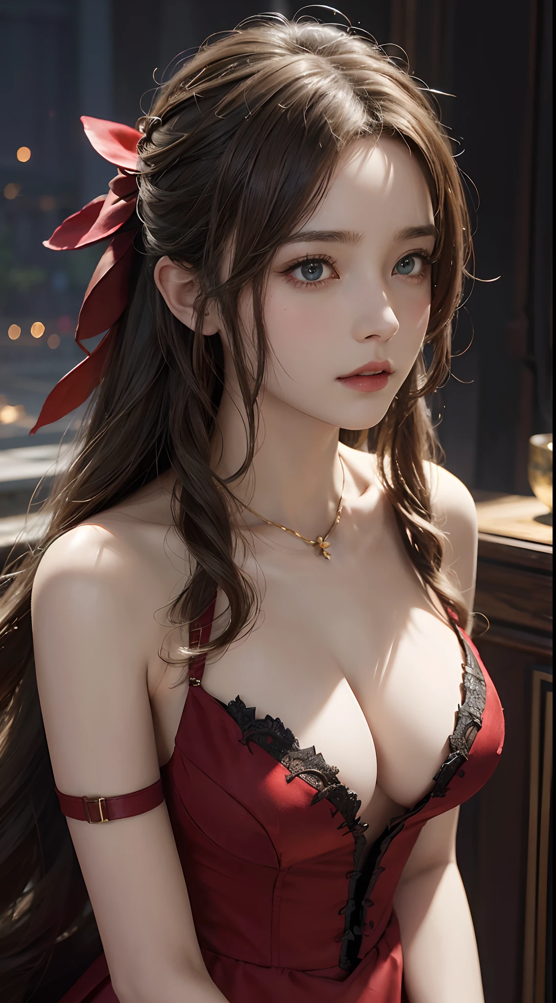 Trends on ArtStation, Trends on CGSociety, Intricate, High Detail, Sharp Focus, Dramatic, starry night sky, Aerith Gainsborough of Final Fantasy, Aerith's original Final fantasy 7 costume, 25 years old, mature looking, Realistic Art of Drawing by Midjourney and Greg Rutkowski, Sketch, Masterpiece, Best Quality, Very Detailed, 1female, Half-body, head to bust image scope, close-up shot, beautiful red dress, standing position, Beautiful Meticulous Eyes, Cute Face, Bust, big bossoms, Beautiful Meticulous Face, White Hair, (Botanical Illustration: 1.5), no pornographical exposure, bigger breasts