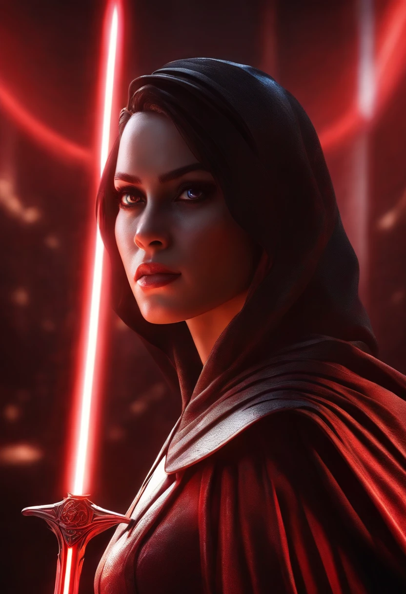 Anime meticulosamente detalhado Female Sith ,Pixar 3D Fotografia de estilo de arte , vestindo um manto e segurando um sabre de luz vermelho em postura de luta . fundo do planeta, octan render