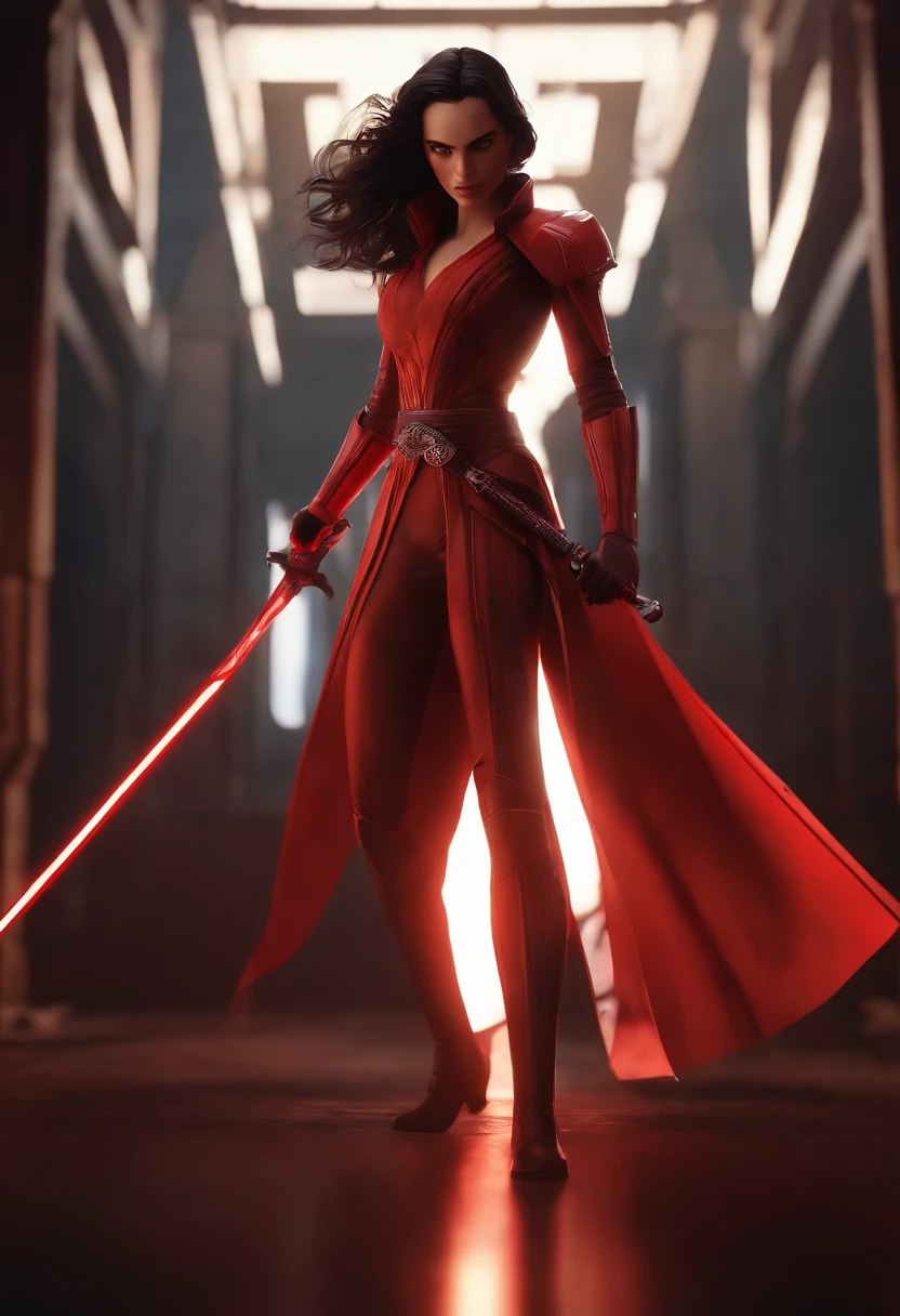 Anime meticulosamente detalhado Female Sith ,Pixar 3D Fotografia de estilo de arte , vestindo um manto e segurando um sabre de luz vermelho em postura de luta . fundo do planeta, octan render