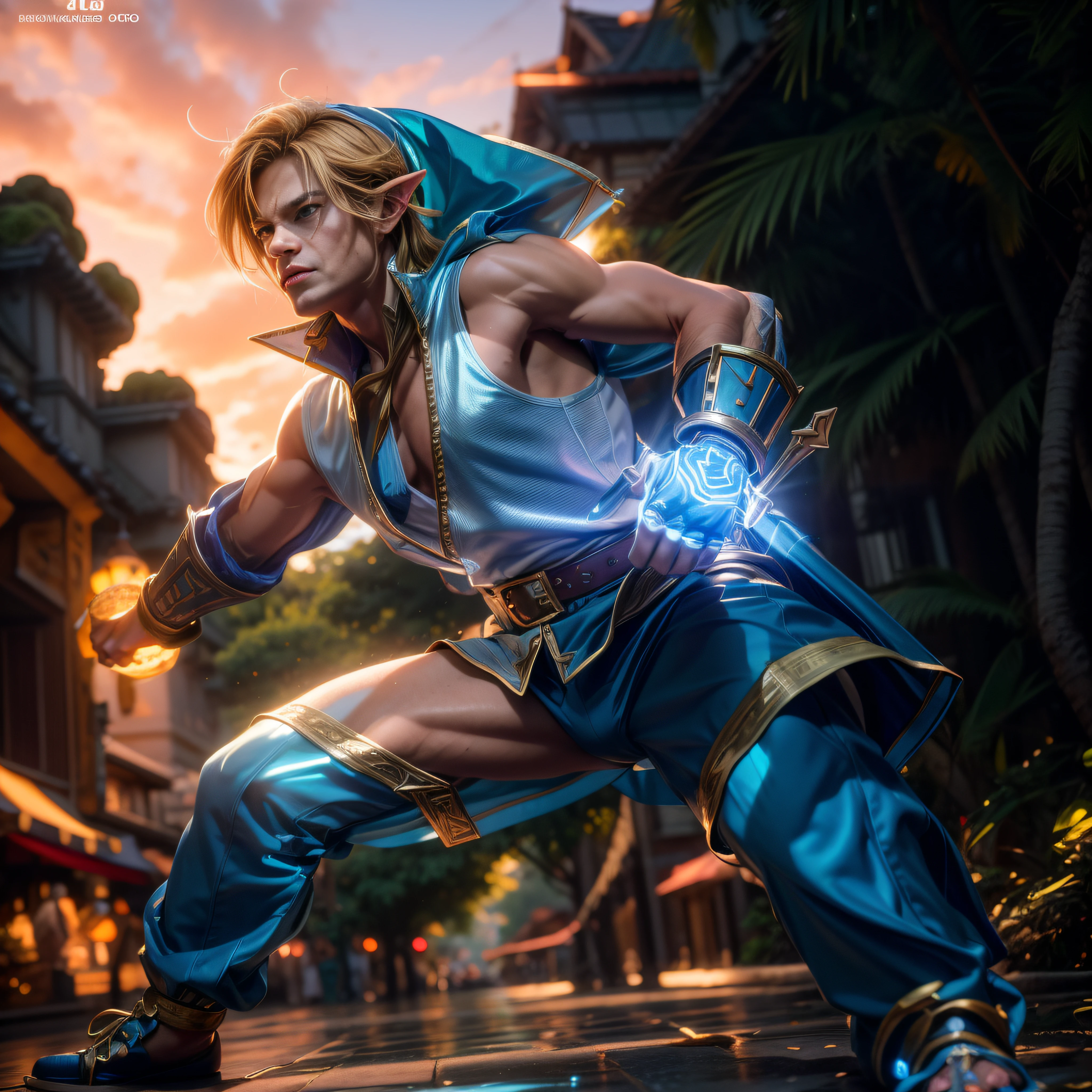 Link de the legend of zelda em roupa azul e bege segurando em poses de combate como em street fighter, Zelda, Retrato de Zelda, de lenda de Zelda, Link da lenda de Zelda, link do Zelda, Fotos cosplay, Cosplay ornamentado, Cosplay profissional, Cosplay, Cosplay Completo, Artgerm Moody Fotografia, campos de Hyrule, ray-traced, 3d-render, extremanente detalhado, alta qualidade, Luz e sombra realistas, cabelos loiros, eye reflection, Sorriso leve, ray tracing, ray tracing, High detail, realismo, hiper-realismo, profundidade de campo, cinematic lighting, desfoque de movimento, brilho, luz brilhante, raios de deus, ray tracing, reflection light, Afterimage, multiple views, Reflexo da lente, Bokeh, 4k, UHD, Masterpiece, anatomicamente correto, pele texturizada, Super Detalhe, alta qualidade, best quality, 8k