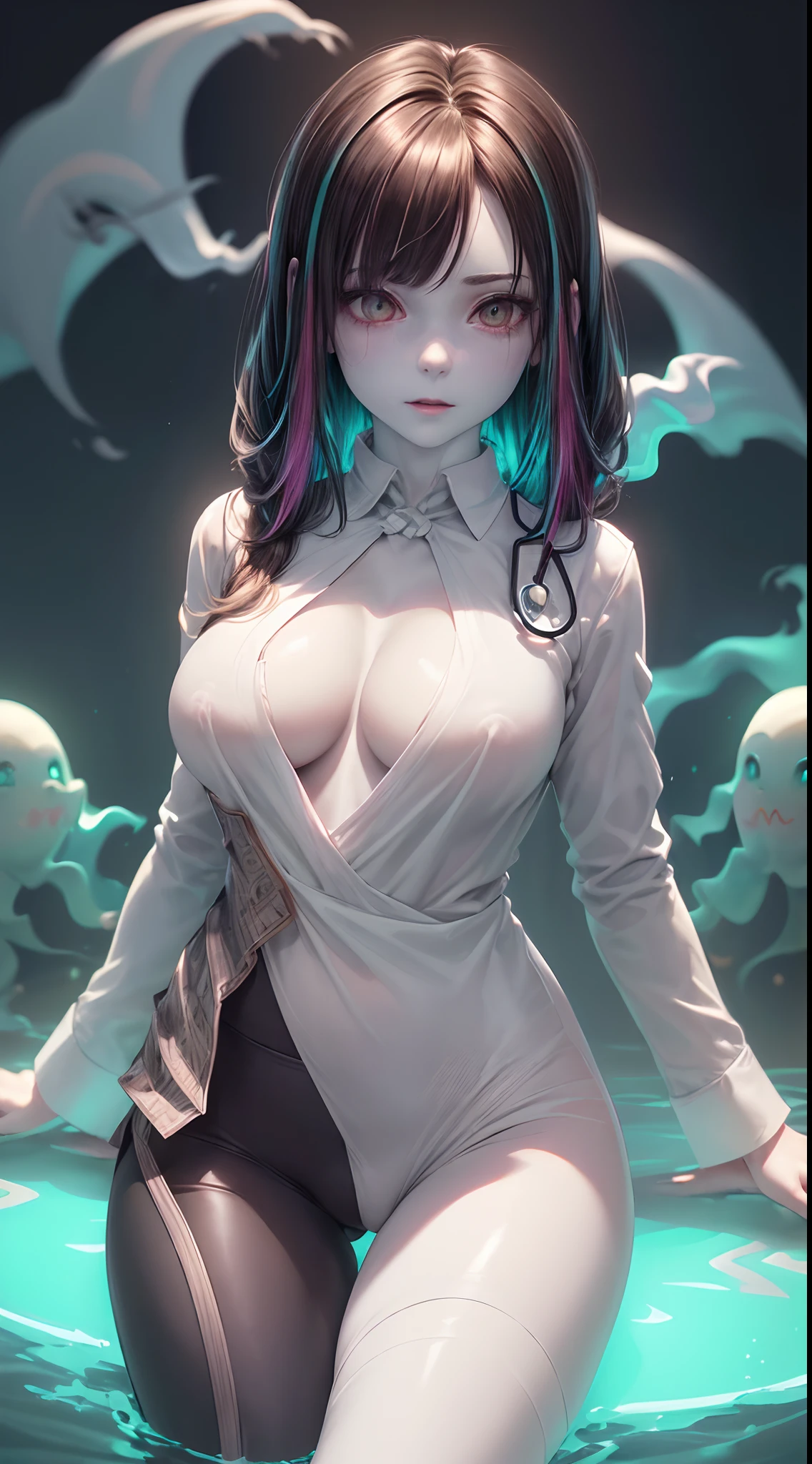 (ghosty:1.85) (doctor:1.5) (nurse:0.65) girl, (white doctor coat:1.4), (spirit, spiritual:1.2), 1girl, perfect and well designed glowing shiny eyes, (beautiful detailed eyes:1.05), natural medium breasts, slim body, beautiful and delicate cute face, (face detail), ((realistic face)), pores, ((pale grey skin)), detailed skin, realistic skin, (((bioluminescence))), ((shiny skin)), (multicolored gradation skin), (monster girl:1.25), human face, medium length hair, hair voluminous, (((((multicolored gradation hair))))), (dark-haired:1.75), super high resolution, 8k, parameters Best quality, (masterpiece:1.4), (magic accessories:1.4), bracelets, extremely detailed thick tight ((white:1.5), (green:1.2), (pink:0.5)) (medical uniform:1.5), (shirt:1.7), (pants:1.3), (standing nipples under cloth:1.3), (cameltoe:1.5), (neckline:1.3), (cleavage:1.4), (decolette:1.5), Young Girl, Little Beast, (Smile:0.9), (pale Skin:1.85), ultra detailed, photorealistic, ((Real image)), (best quality:1.4), super high resolution, (Realistic 2.0), More details, (((1girl))), {(medical ward:1.2)|(doctor office:1.2)}, (beautiful and aesthetic:1.2), (fractal art:1.4), (cinematic light:1.1), (DUTCH ANGLE:1.2), full body, 16K, HDR, RTX, Ray Tracing, Radiosity, Anisotropic Filtering, Subsurface Scattering, (((magic lights))), metallic reflections, Detailed, Realistic, 4k highly detailed digital art, (cool_color), extremely detailed CG unity 8k wallpaper, vibrant colors, (seductive pose:1.6), (spread legs:1.3)