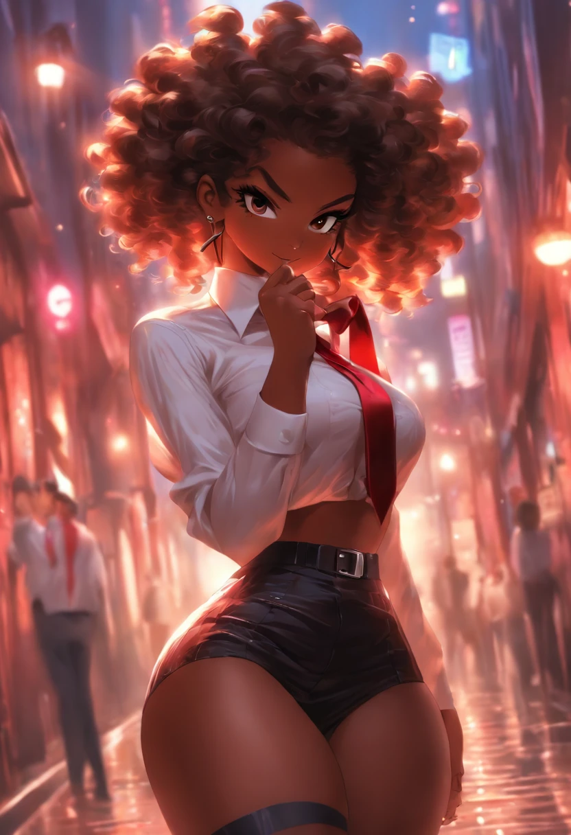 Sexy seductive black girl posing,licking a lollipop, (luscious smile: 0.6), (dark skin, black hair, short curly afro, hair bobbles,):1.2 (large breasts: 1.1),
, sexy, skinny, small waist, (wide hips), gigantic hip bones, heart-shaped derriere, big ass, leash, school uniform, tie, tie ribbon, skirt, beautiful eyes in detail, (masterpiece: 1.2, superb), , (real shot, fine crafted, depth of field), (1girl, solo), makeup, noble, (noble shirt and garter: 1.3), elegant but salacious, blush,:: (red-light district at night), proud, confident, amarous, (glittering and shiny skin), beautiful and diverse jewelry, 21-years old, 'professional' night lady, (curvaceous), (big ass: 1.3), bonny, (small mouth), skirt showing pubic part, random pov, character concept , nijijourneyV51, Translucent material, see-through, vibrator in thighhighs, thighvibe, remote control, multiple views, pov, povag, remote controller, remote control, ((Photo_Comparison, phone, nsfw, smartphone, holding, picture, cellphone, ,)) viewer holding leash, leash pull, (masterpiece, ultra-detailed,best-quality, 2040hd) visual novel, CG m-da s-tarou