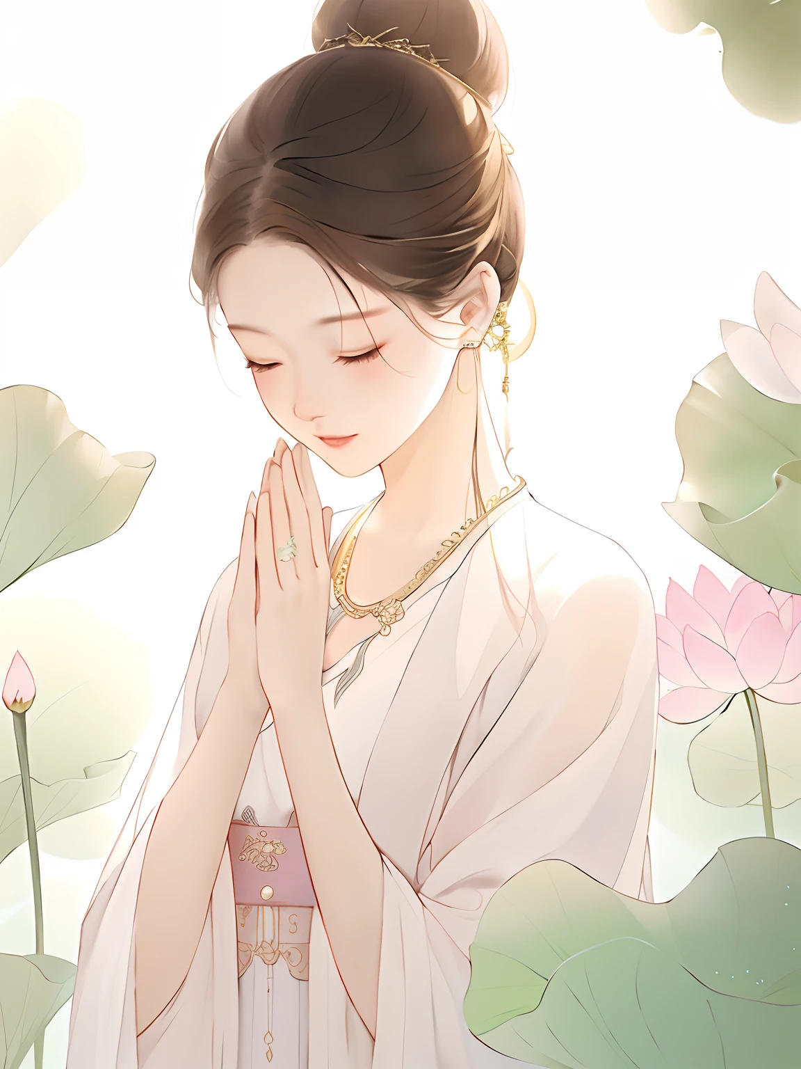 In the lotus garden stood a woman in a white dress, Palace , A girl in Hanfu, standing gracefully upon a lotus, Middle metaverse, inspired by Ma Yuanyu, A beautiful artwork illustration, serene illustration, tranquil and graceful, 8K)), Beautiful character painting, Guviz, inspired by Lü Ji