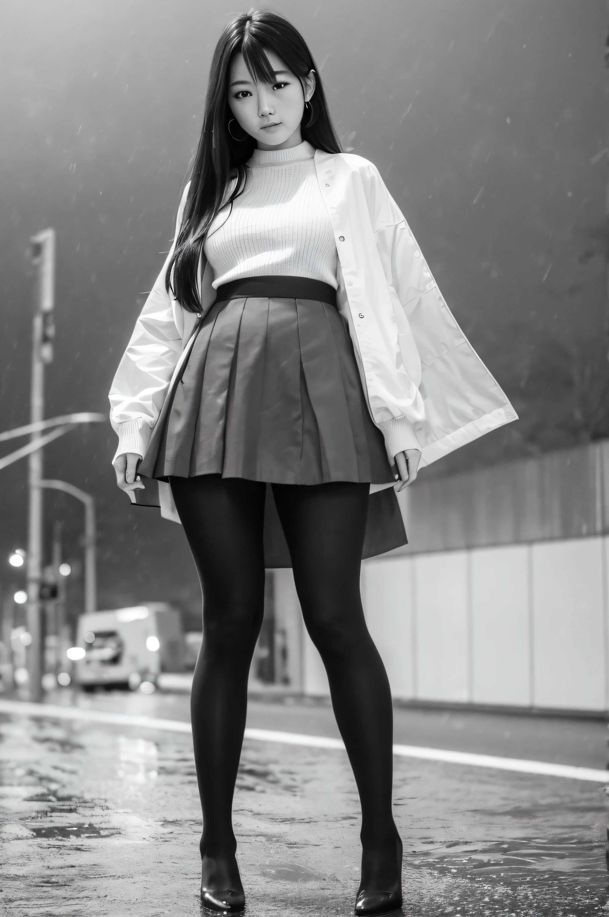 ((full body photograph)) of a Japanese woman, street, long hair, (proud face:1.2), Jpop idol, (RAW photo:1.2), (photorealistic:1.4), (masterpiece:1.3), (intricate details:1. 2), open neck, delicate, (head_scale:0. 8), beautiful detailed, (detailed eyes), (detailed facial features), tall woman, narrow waist, close-fitting, (medium-sized breasts), (((skirt and long tights))), (looking_at_the_viewer), front view, (best_scale:1. 4), (ultra highres:1.2), cinema light, outdoor, ((heavy rain, strong wind, storm)), megalopolis, (extremely detailed illustration), (long eyelashes, best_scale, ultra highres, depth of field, caustic, wide lighting, natural shading, 85mm, f/1. 4, ISO 200, 1/160s:0.75) .