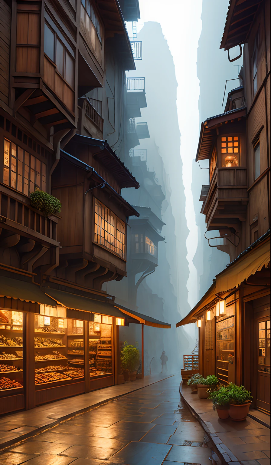 ((masutepiece)),((Best Quality)),((high detial)),((Realistic,))
industrial age cities, deep canyon in the middle, architectural streets, bazaars, bru, rainy day, Steampunk, European architecture