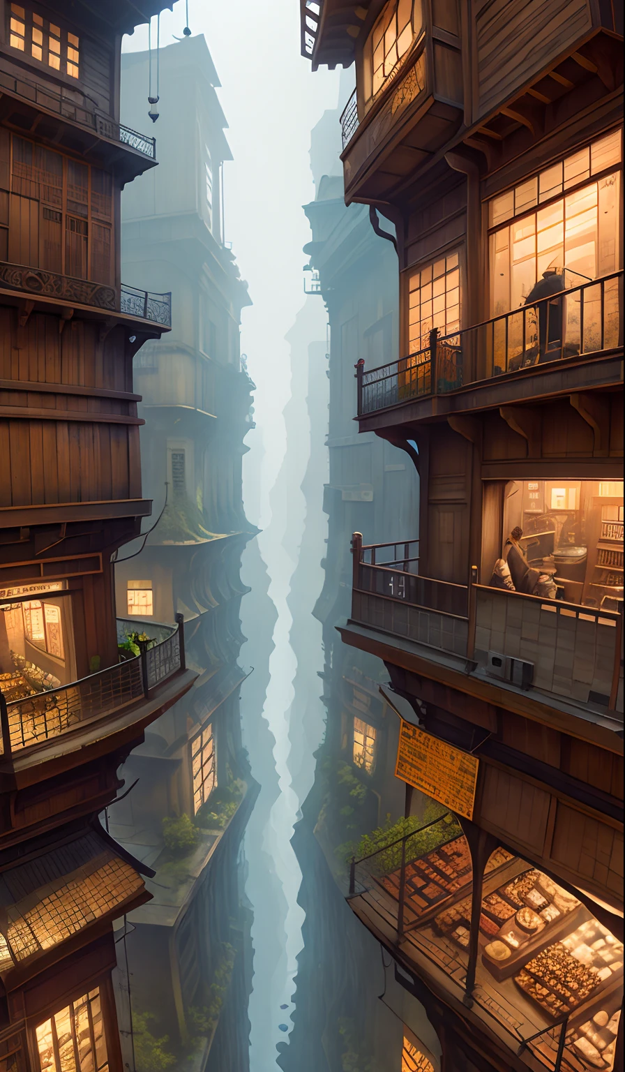 ((masutepiece)),((Best Quality)),((high detial)),((Realistic,))
industrial age cities, deep canyon in the middle, architectural streets, bazaars, bru, rainy day, Steampunk, European architecture