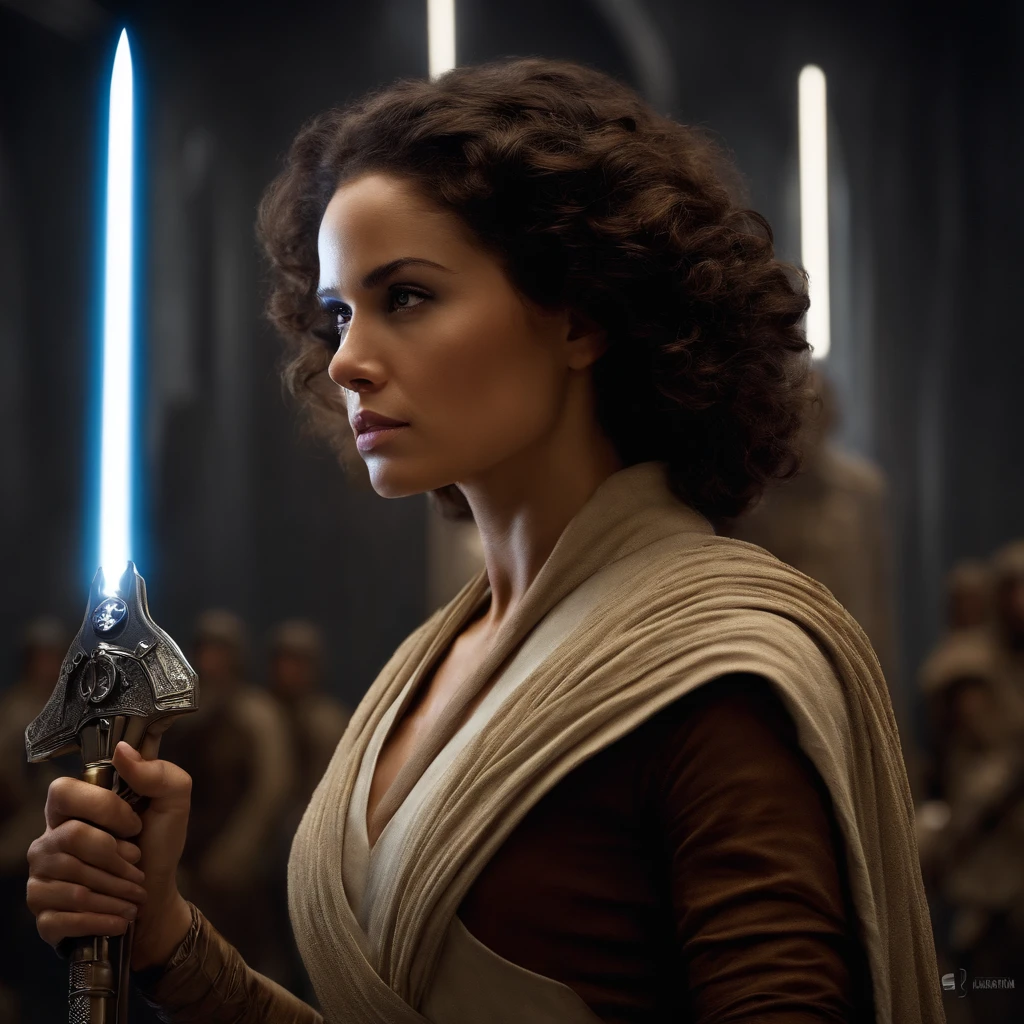 Imagem da mulher segurando um sabre de luz de Guerra nas Estrelas, rei, Guerra nas Estrelas, Personagem feminina solo, visual do filme star wars, curly hair, Cartaz de Guerra nas Estrelas, In a Star Wars sequel, Poster character, com espada de sabre de luz, Jedi Feminino, Personagem de Guerra nas Estrelas