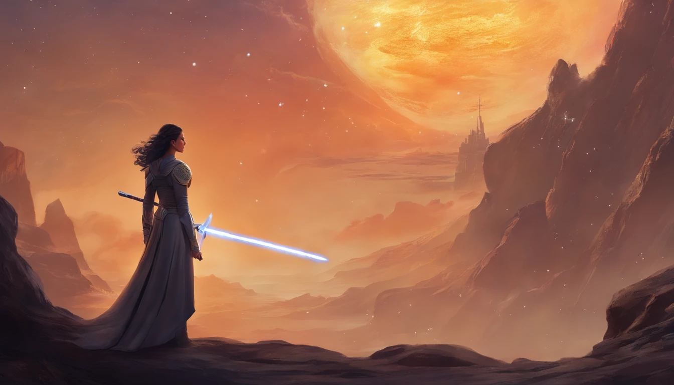 Imagem da mulher segurando um sabre de luz de Guerra nas Estrelas, rei, Guerra nas Estrelas, Personagem feminina solo, visual do filme star wars, curly hair, Cartaz de Guerra nas Estrelas, In a Star Wars sequel, Poster character, com espada de sabre de luz, Jedi Feminino, Personagem de Guerra nas Estrelas
