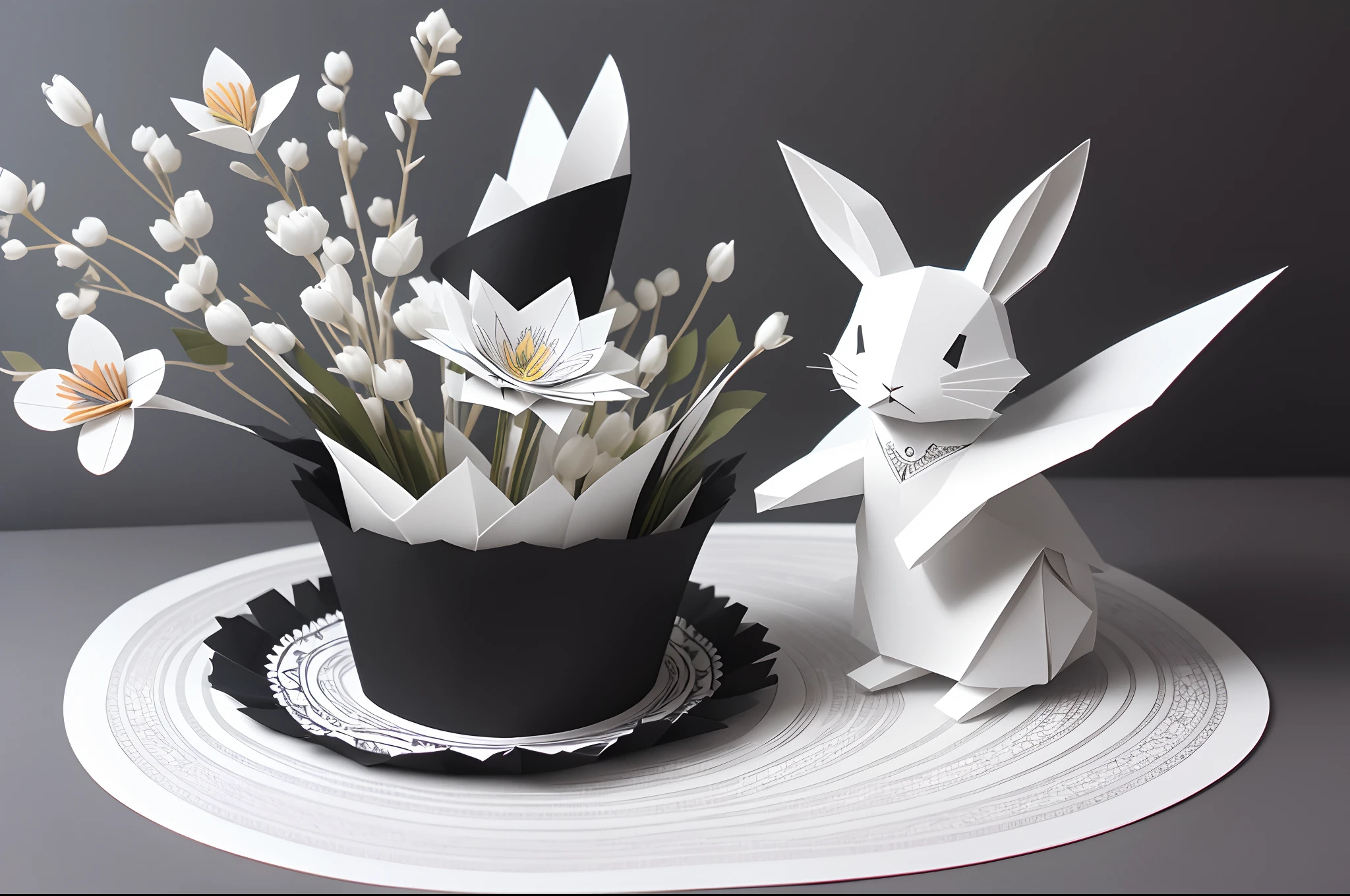 Paper cut image of a white rabbit inside a black hat. Kirigigami, paper art, Highly detailed, colourful. Flowers around.