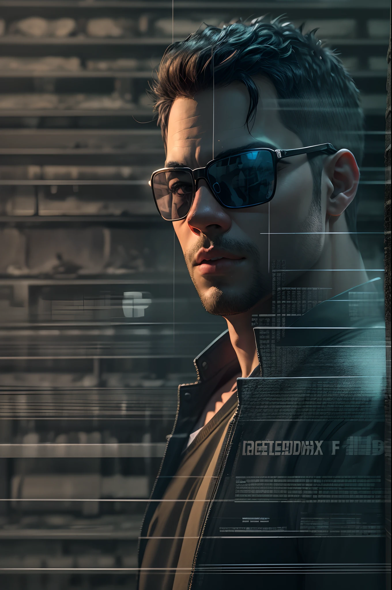 ((32k HIGH DETAIL UHD 3D RENDER)), Generate a half-body portrait of a man wearing sunglasses, vestido com um trench casaco de couro que lembra os personagens de 'Matrix', contra um pano de fundo de letras verdes fluorescentes em cascata, no estilo do filme. Pay meticulous attention to (((detalhes intrincados))) like sunglasses, casaco, e a textura das letras em cascata. Ambicione ((extrema qualidade de detalhes)) to capture the essence of the 'Matrix' aesthetic. crie um ((Complex composition)) which conveys the film's iconic cyberpunk atmosphere, style sigma +85m lens f/4