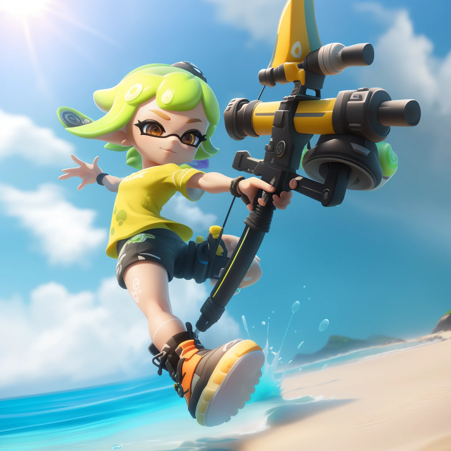 Splatoon、3D Graphics、unrealengine、hiquality、ighly detailed、Holding the bow with the left hand、Midsummer beach