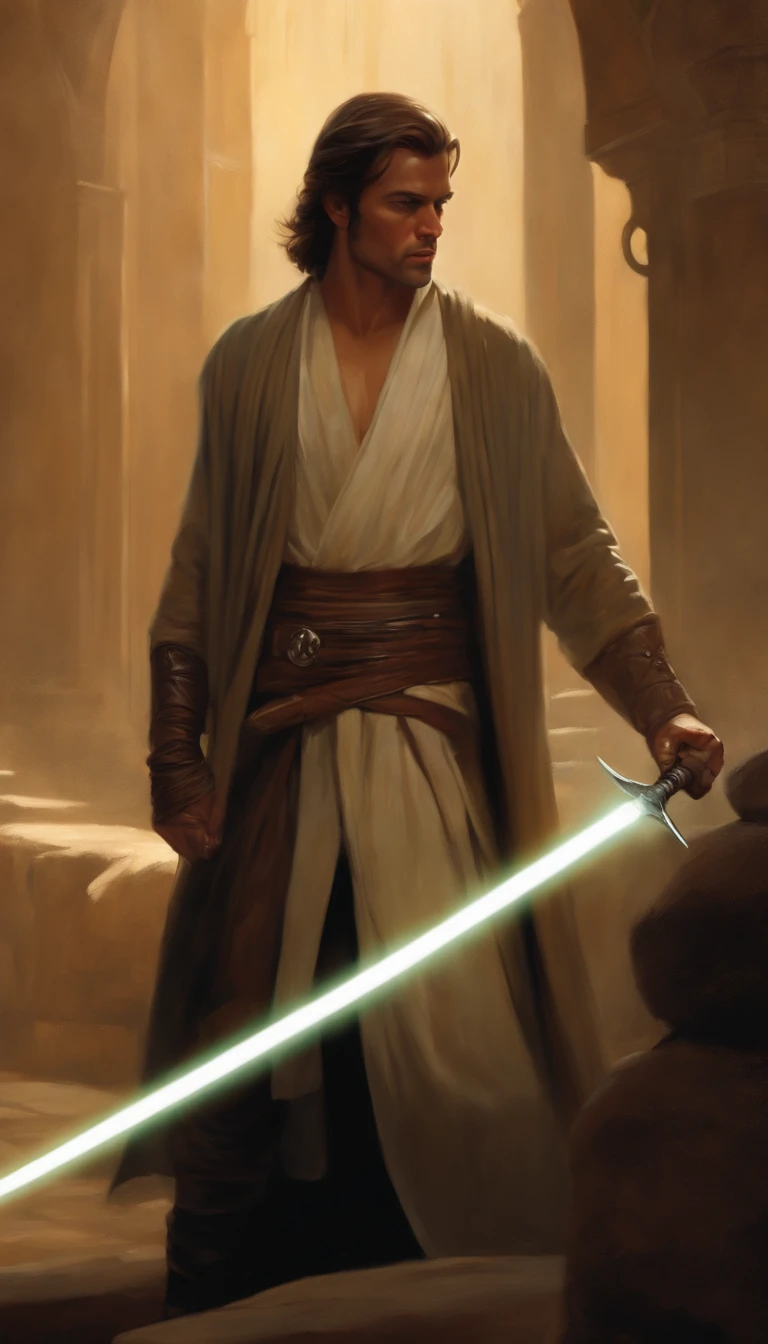 mid-range portrait of a hyper-detailed in the style of a Star Wars Jedi Grandmaster in the style of Mark Demsteader, Personagem Jedi, high-angle shot (enjoyable:1.3) thoughtful expression, (Usando um sabre de luz:1.3), Filmed cinematic on Canon 5D ultra realistic skin, Steve Henderson Fabian Perez Henrique Asencio, Jeremy Mann Marc Simonetti fantasy magical horror atmosphere, (ambiente altamente detalhado:1.3), high-angle shot, Extreme dynamic action poses