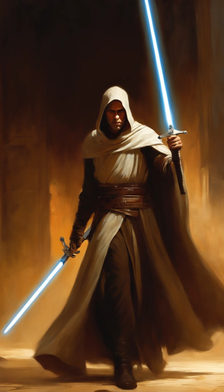 mid-range portrait of a hyper-detailed in the style of a Star Wars Jedi Grandmaster in the style of Mark Demsteader, Personagem Jedi, high-angle shot (enjoyable:1.3) thoughtful expression, (Usando um sabre de luz:1.3), Filmed cinematic on Canon 5D ultra realistic skin, Steve Henderson Fabian Perez Henrique Asencio, Jeremy Mann Marc Simonetti fantasy magical horror atmosphere, (ambiente altamente detalhado:1.3), high-angle shot, Extreme dynamic action poses