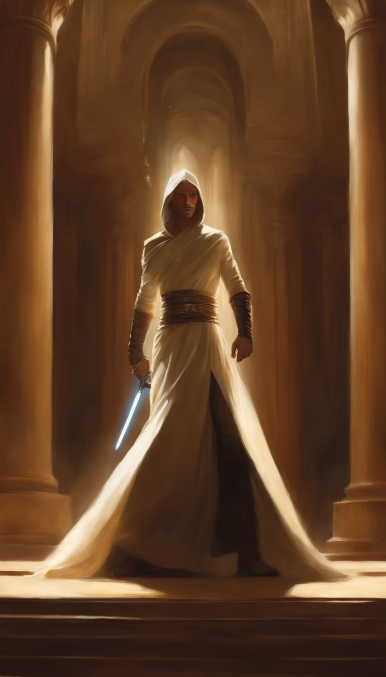 mid-range portrait of a hyper-detailed in the style of a Star Wars Jedi Grandmaster in the style of Mark Demsteader, Personagem Jedi, high-angle shot (enjoyable:1.3) thoughtful expression, (Usando um sabre de luz:1.3), Filmed cinematic on Canon 5D ultra realistic skin, Steve Henderson Fabian Perez Henrique Asencio, Jeremy Mann Marc Simonetti fantasy magical horror atmosphere, (ambiente altamente detalhado:1.3), high-angle shot, Extreme dynamic action poses