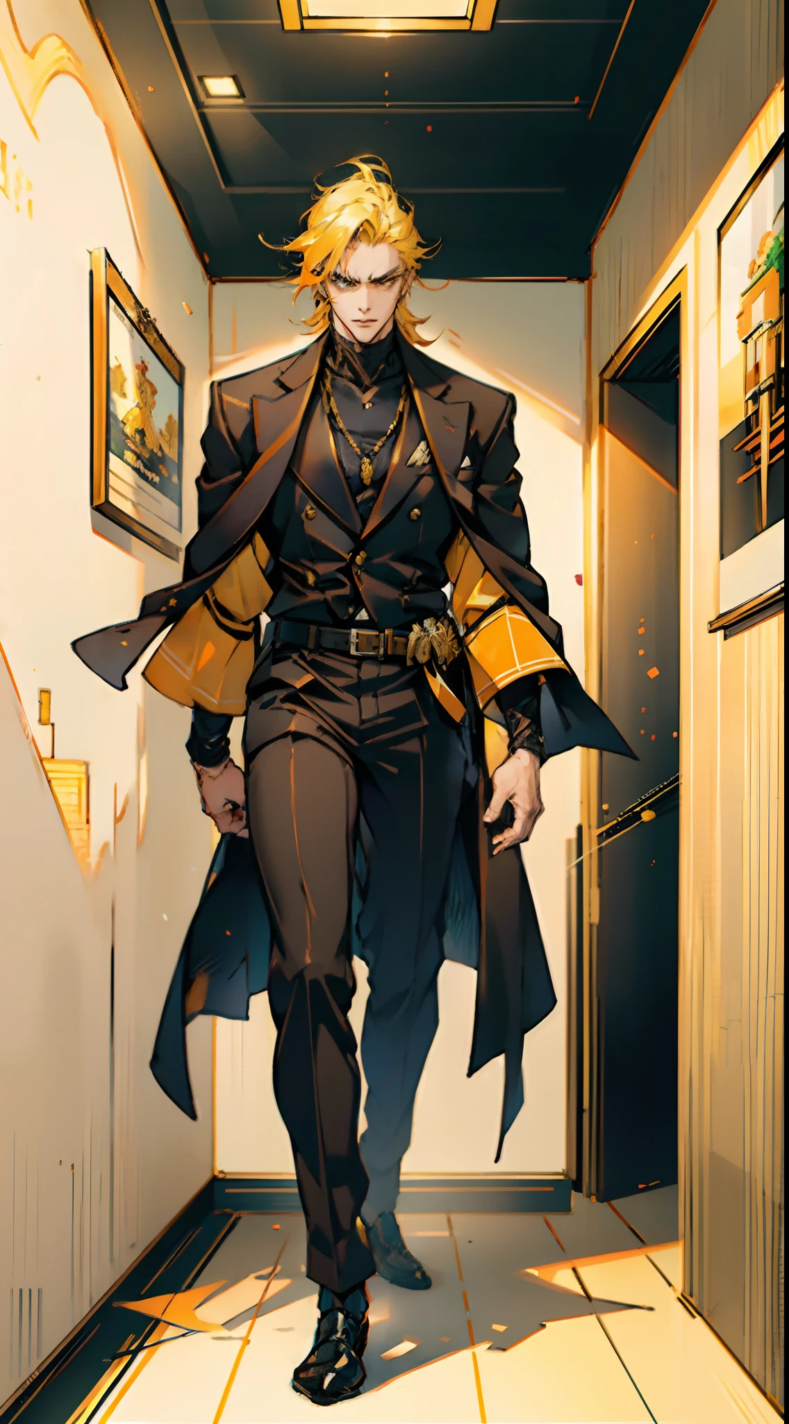 A man with long orange-yellow hair, neatly combed back, leaving a long tuft of bangs, he has slender eyebrows, sharp and intelligent eyes, his face is elongated and lean, he wears a dark Western-style fitted suit, a sleeveless long overcoat on top, a belt wraps around his waist, he wears loose trousers, stands in a luxurious Chinese-style hall, displaying a dignified expression, exuding a powerful aura, emanating a radiant fighting spirit, this character embodies a finely crafted fusion of Eastern and Western influences in a wise and sophisticated in anime style, characterized by a sophisticated and mature manga illustration art style, full body character drawing, high definition, best quality, highres, ultra-detailed, ultra-fine painting, extremely delicate, professional, anatomically correct, symmetrical face, extremely detailed eyes and face, high quality eyes, creativity, RAW photo, UHD, 8k, Natural light, cinematic lighting, masterpiece:1.5