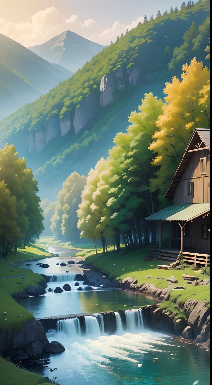 (best quality,4k,8k,highres,masterpiece),ultra-detailed,realistic,photorealistic:1.37,captivating countryside scenery,vibrant green meadows,serene and idyllic village landscape,traditional rural lifestyle,pristine natural beauty,rich natural resources,sun-kissed hills and valleys,abundant flora and fauna,fertile farmlands,breathtaking panoramic views,harmonious coexistence with nature,tranquil rivers and streams,quaint wooden houses and cottages,picturesque winding country roads,clear blue skies and fluffy white clouds,golden sunrises and sunsets,gentle breeze rustling through the trees,lush green forests and woodlands,cheerful chirping of birds in the background, trickle of a nearby waterfall,locals engaged in traditional farming activities,celebration of local customs and traditions,colorful festivals showcasing the rural heritage,friendly and welcoming community spirit,peaceful atmosphere ideal for relaxation and rejuvenation,natural abundance providing a sense of gratitude and serenity