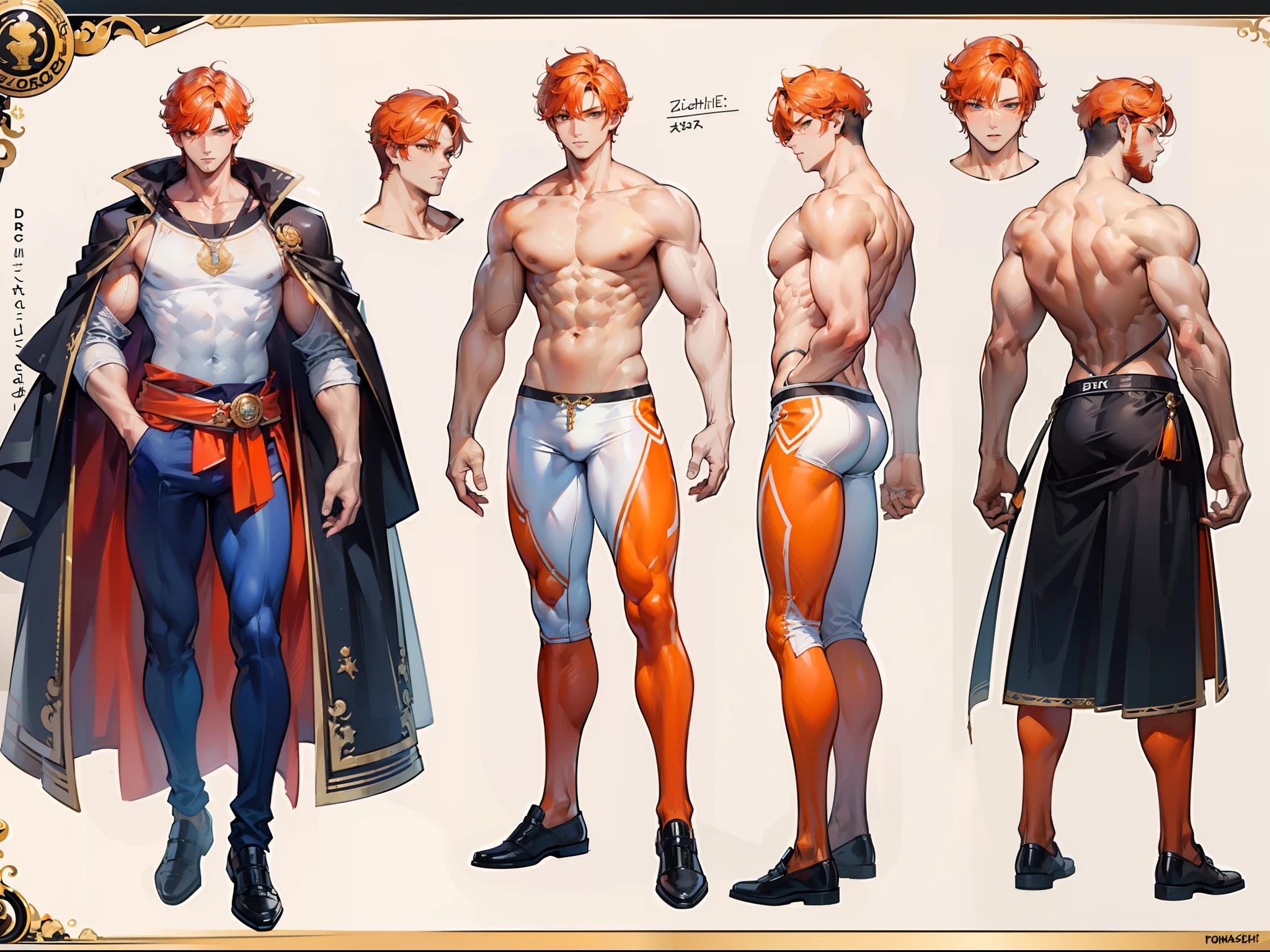 (Masterpiece, best quality), detailed, 1 man, ((character concept art)), ((character design sheet, same character, front, side, back)), full body, body complete, 1 Male angel, 1 Man angel, Detailed face, character design sheet，full bodyesbian, Highly detailed, character sheet, character design, Many parts, dark skin, angel wings, short orange hair, angel outfit, muscle male god, male clothes, masculine, muscle man, male muscle, manly, male angel, Muscle male with short orange hair，beautiful man, beautiful muscle man