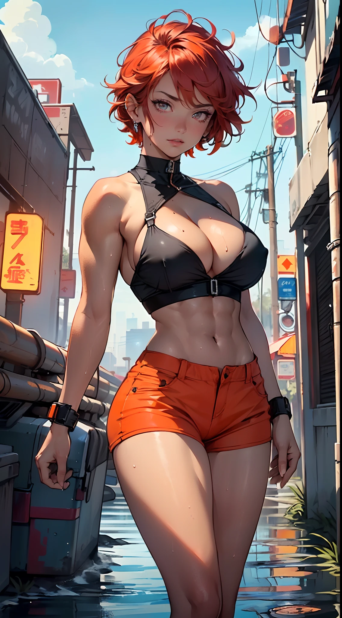 mechanical girl,(1girl: 1.3),((1 black girl with extremely cute and beautiful red hair)),((((black race)))),

(big breasts: 1.4),sagging breasts,(((short red hair: 1.35,cropped,redhead,very short hair))),(((neon_orange_eyes:1.3))),intricate eyes,beautiful detailed eyes,symmetrical eyes,(fat),((((tan,dark skin,black skin:1.35,dark-skinned_female,dark skin:1.3,ebony skin,lustrous skin:1.5,bright skin: 1.5,shiny skin,very shiny skin,shiny body,illuminated skin,wet legs)))),(spider lower abdomen,narrow waist,wide hip ,athletic body,inflated legs,delicate and detailed fingers,detailed body,(detailed face)),((muscle legs)),((muscular thighs)),((muscular girl)),((strong and muscular,bodybuilder,strong body,muscular,feminine and muscular)),((,ABS)),(huge stature,tall stature,very tall girl),

cute,slutty,sensual,seductive look,seductive,erotic,((nsfw)),

(fitted overalls: 1.3,suit unbuttoned),((mechanical tools on his clothing)),(((huge cleavage))),((wet clothes,intricate outfit,intricate clothes)),

(dynamic pose:1.0),embarrassed,(centered,scale to fit dimensions,Rule of thirds),

cyberpunk city by the ocean at night, with bright neon signs and dark stormy clouds and puddles, scenery:1.25,

artistic photography,(photography taken by sldr),highres, sharp focus, (ultra detailed, extremely detailed), (photorealistic artwork:1.37),(extremely detailed CG unity 8k wallpaper),((synthwave background theme)),(((vibrant colors))),(intricate background),(masterpiece),(best quality),