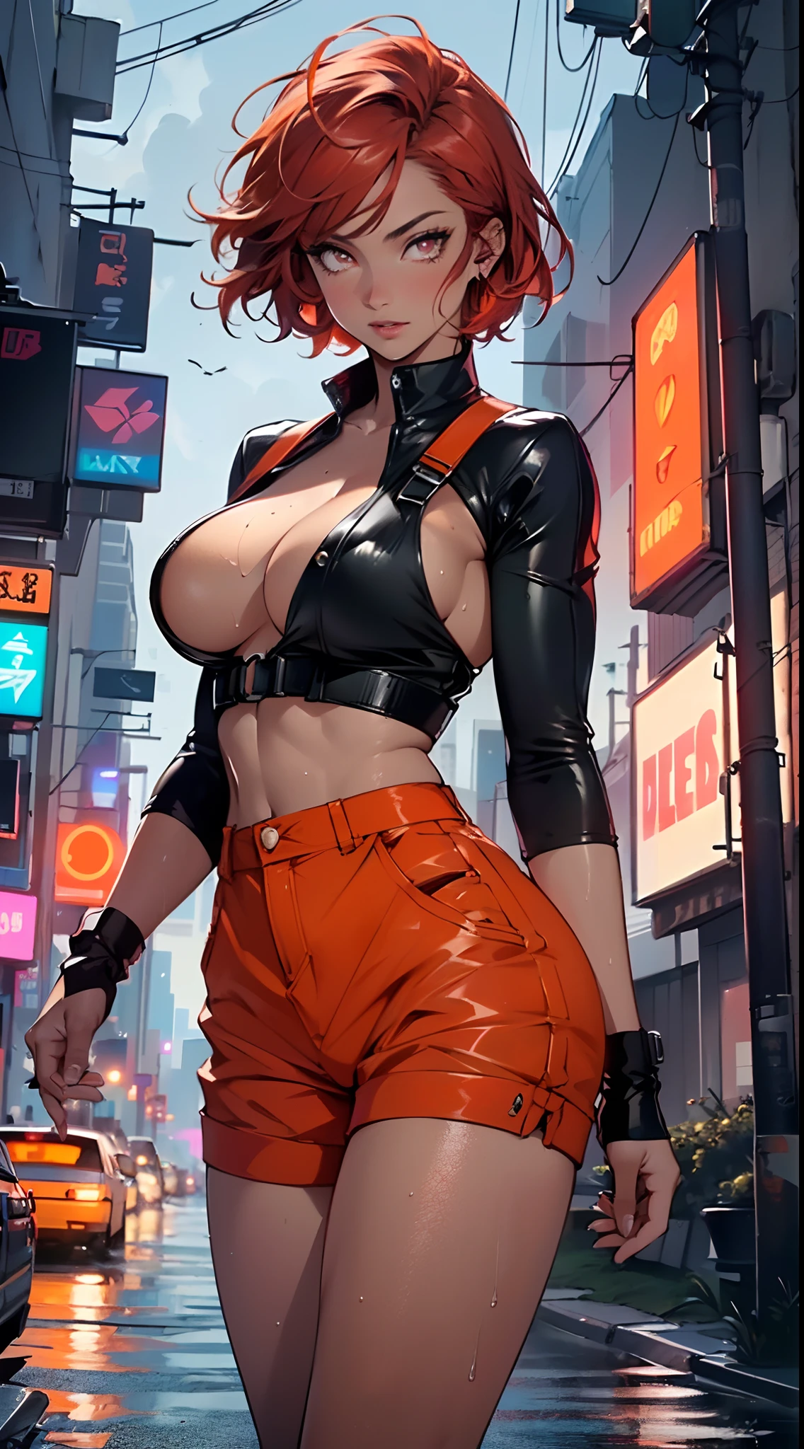 mechanical girl,(1girl: 1.3),((1 black girl with extremely cute and beautiful red hair)),((((black race)))),

(big breasts: 1.4),sagging breasts,(((short red hair: 1.35,cropped,redhead,very short hair))),(((neon_orange_eyes:1.3))),intricate eyes,beautiful detailed eyes,symmetrical eyes,(fat),((((tan,dark skin,black skin:1.35,dark-skinned_female,dark skin:1.3,ebony skin,lustrous skin:1.5,bright skin: 1.5,shiny skin,very shiny skin,shiny body,illuminated skin,wet legs)))),(spider lower abdomen,narrow waist,wide hip ,athletic body,inflated legs,delicate and detailed fingers,detailed body,(detailed face)),((muscle legs)),((muscular thighs)),((muscular girl)),((strong and muscular,bodybuilder,strong body,muscular,feminine and muscular)),((,ABS)),(huge stature,tall stature,very tall girl),

cute,slutty,sensual,seductive look,seductive,erotic,((nsfw)),

(fitted overalls: 1.3,suit unbuttoned),((mechanical tools on his clothing)),(((huge cleavage))),((wet clothes,intricate outfit,intricate clothes)),

(dynamic pose:1.0),embarrassed,(centered,scale to fit dimensions,Rule of thirds),

cyberpunk city by the ocean at night, with bright neon signs and dark stormy clouds and puddles, scenery:1.25,

artistic photography,(photography taken by sldr),highres, sharp focus, (ultra detailed, extremely detailed), (photorealistic artwork:1.37),(extremely detailed CG unity 8k wallpaper),((synthwave background theme)),(((vibrant colors))),(intricate background),(masterpiece),(best quality),