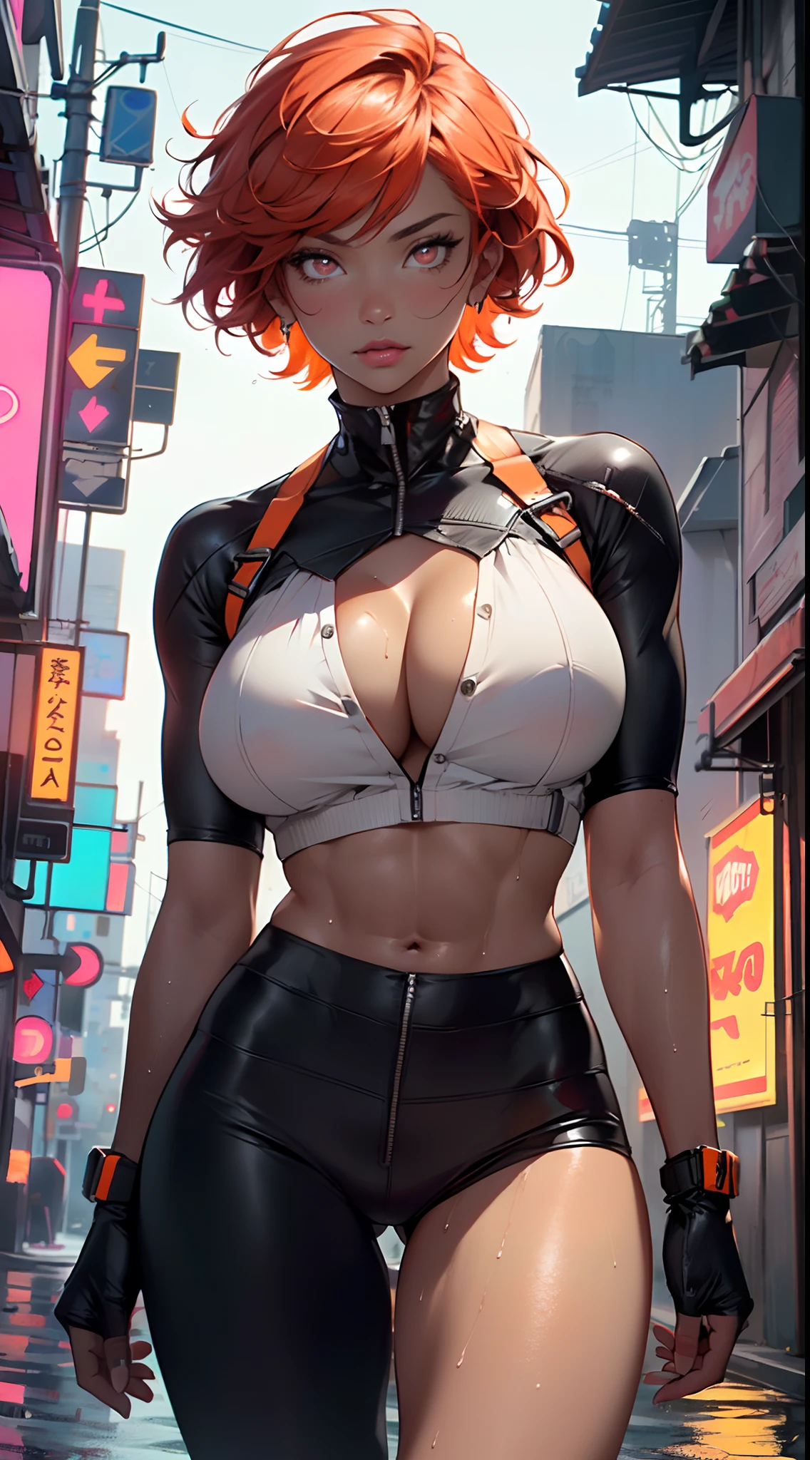 mechanical girl,(1girl: 1.3),((1 black girl with extremely cute and beautiful red hair)),((((black race)))),
(big breasts: 1.4),sagging breasts,(((short red hair: 1.35,cropped,redhead,very short hair))),(((neon_orange_eyes:1.3))),intricate eyes,beautiful detailed eyes,symmetrical eyes,(fat),((((tan,dark skin,black skin:1.35,dark-skinned_female,dark skin:1.3,ebony skin,lustrous skin:1.5,bright skin: 1.5,shiny skin,very shiny skin,shiny body,illuminated skin,wet legs)))),(spider lower abdomen,narrow waist,wide hip ,athletic body,inflated legs,delicate and detailed fingers,detailed body,(detailed face)),((muscle legs)),((muscular thighs)),((muscular girl)),((strong and muscular,bodybuilder,strong body,muscular,feminine and muscular)),((,ABS)),(huge stature,tall stature,very tall girl),
cute,slutty,sensual,seductive look,seductive,erotic,((nsfw)),
(fitted overalls: 1.3,suit unbuttoned),((mechanical tools on his clothing)),(((huge cleavage))),((wet clothes,intricate outfit,intricate clothes)),
(dynamic pose:1.0),embarrassed,(centered,scale to fit dimensions,Rule of thirds),
cyberpunk city by the ocean at night, with bright neon signs and dark stormy clouds and puddles, scenery:1.25,
artistic photography,(photography taken by sldr),highres, sharp focus, (ultra detailed, extremely detailed), (photorealistic artwork:1.37),(extremely detailed CG unity 8k wallpaper),((synthwave background theme)),(((vibrant colors))),(intricate background),(masterpiece),(best quality),