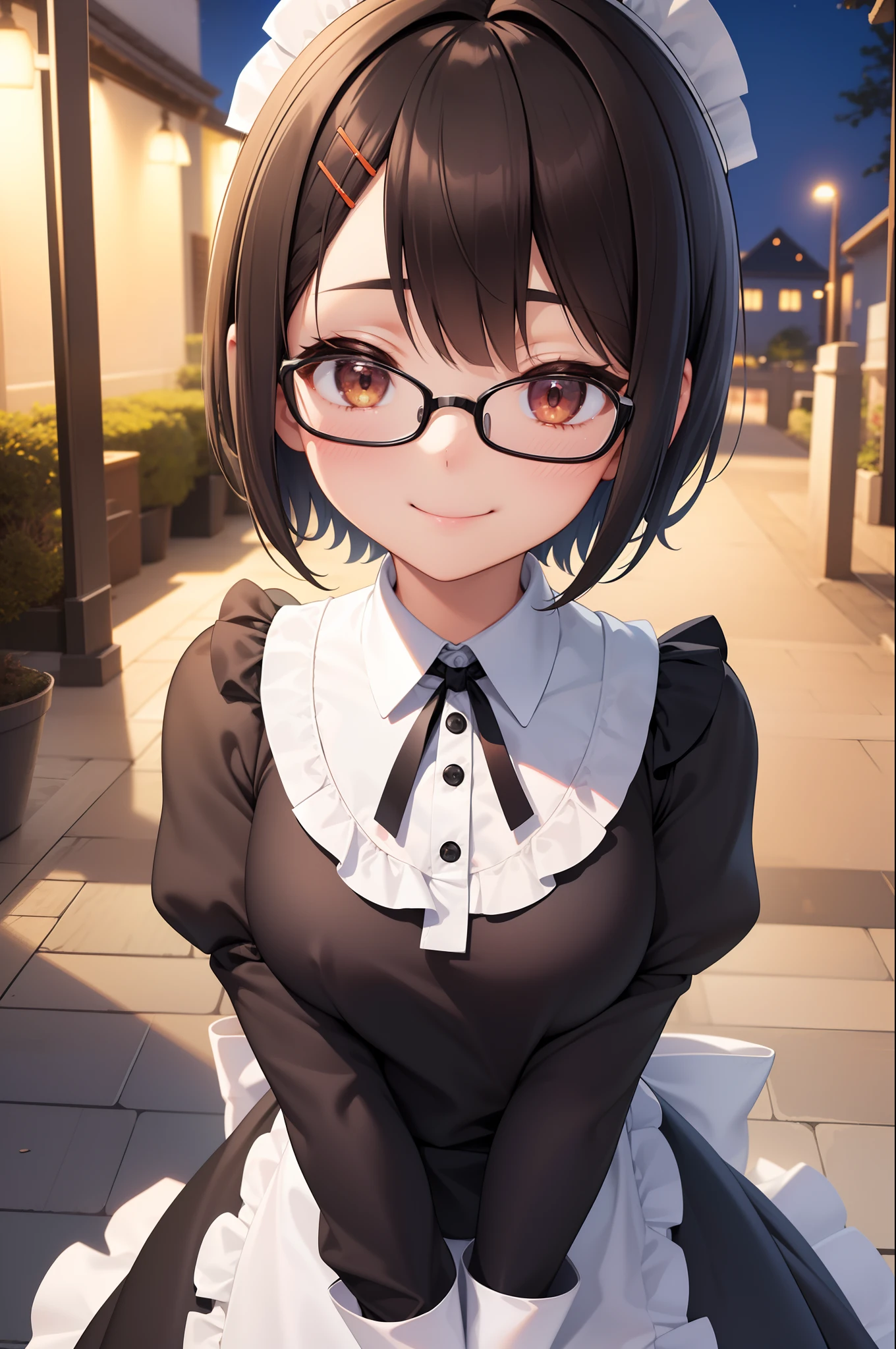 (masutepiece, Best Quality, Capture super cute moments, depth of fields, ultra-detailliert, Ultra High Resolution, C4D, Octadale, 3D Modeling, 8K, 16 K, one girls、a 、A dark-haired、short-hair、straight haired、Light brown eyes,hair adornments、wearing black glasses、A smile)、maid clothes、sky at night、Halloween、squash、Cosplay