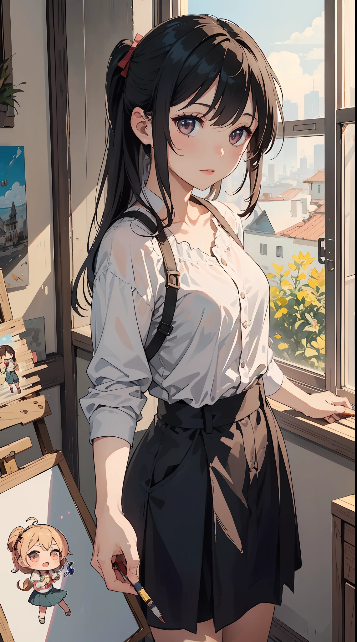 (1girl in, Solo:1.4), Cute, (Chibi:1.6),It depicts a touching moment when a pretty girl tries her hand at painting for the first time。She、Inside the art studio、Standing in front of the canvas、Pick up the brush。In those eyes、Mixed with anticipation and a little anxiety。 In the background、Masterpieces and art tools are meticulously drawn.、They enjoy this special moment even more。It makes you feel the possibilities。 The moment she brought her brush closer to the canvas、Its expression changes completely.。 The first brush transferred color to the canvas、A sense of pure joy and accomplishment spreads across her face。By her creativity、Filled with new colors and shapes、Visual effects that make her spot beautiful、 ((Writing line transparency Highest quality Best work Concept art.))、Beautiful illustration, pastel color, Illustration style, Realistic skin feeling, Realistic materials、watercolor paiting, A background with detail, three-dimensionality and depth