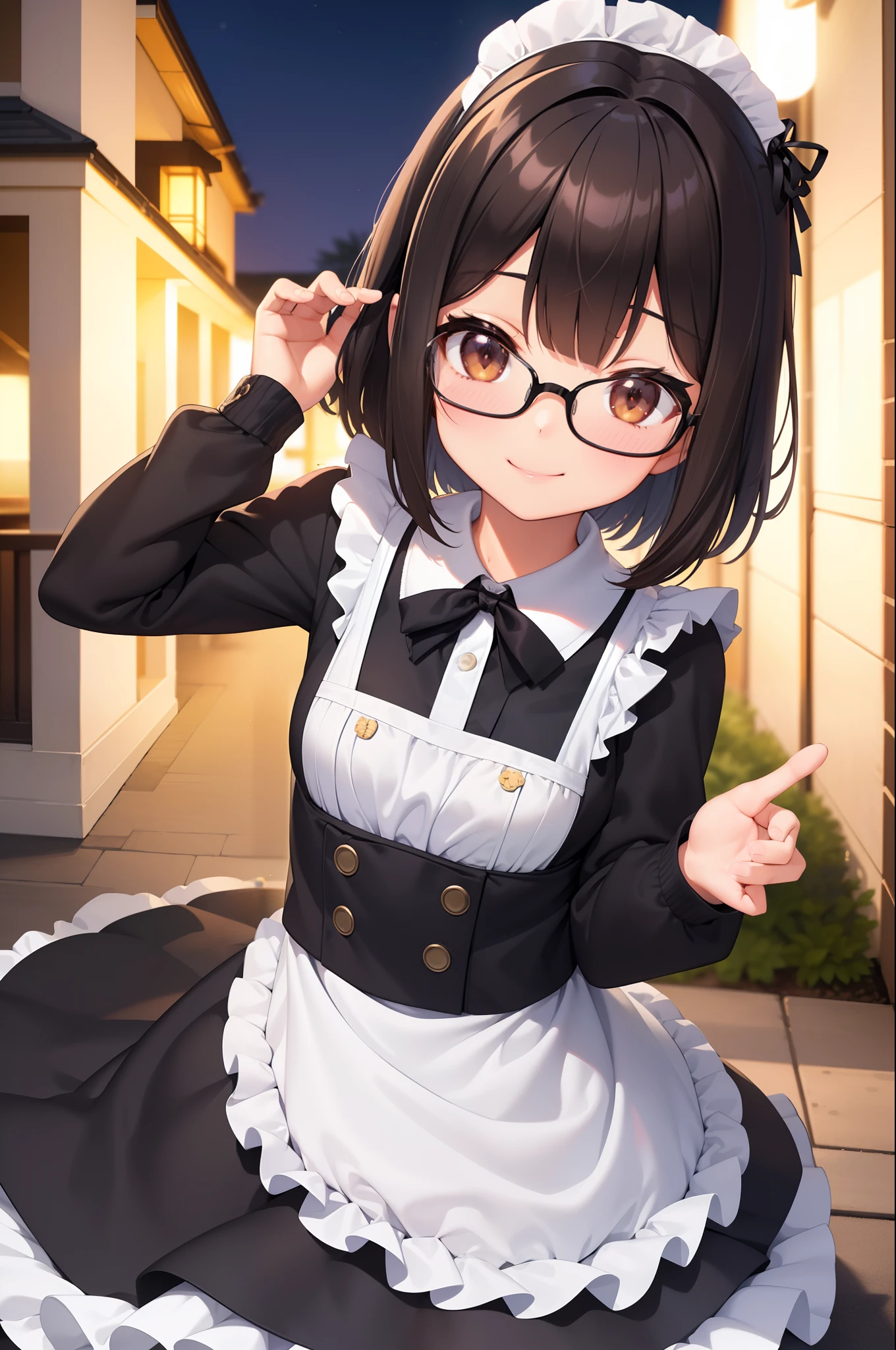 (masutepiece, Best Quality, Capture super cute moments, depth of fields, ultra-detailliert, Ultra High Resolution, C4D, Octadale, 3D Modeling, 8K, 16 K, one girls、a 、A dark-haired、short-hair、straight haired、Light brown eyes,hair adornments、wearing black glasses、A smile)、maid clothes、sky at night、Halloween、squash、Cosplay