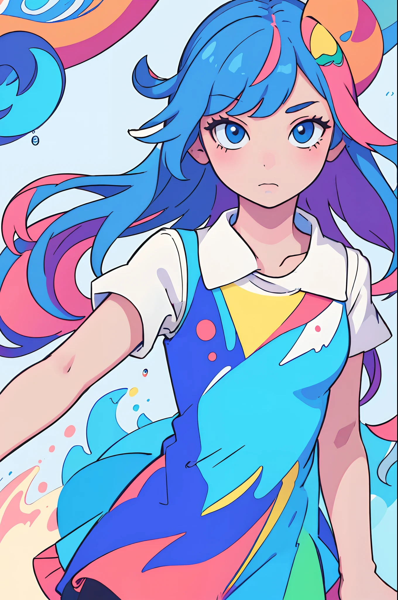 (masterpiece, best quality:1.2), (flat color:1.2),(2D:1.3),(colorful:1.2),looking at viewer,1girl,solo,upper_body, floating colorful water,inverted colors