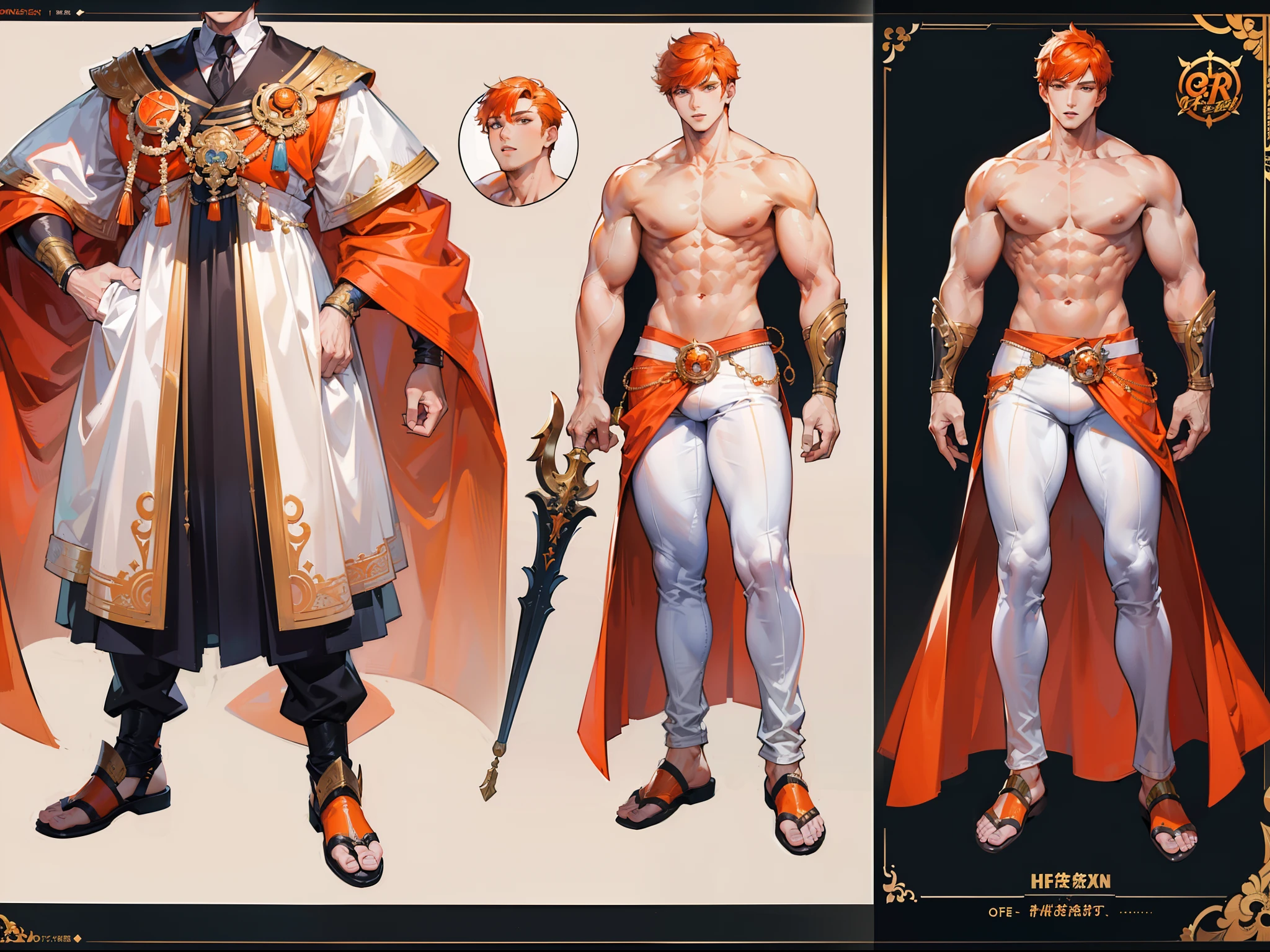 ((Masterpiece, Highest quality)), Detailed face, character design sheet, full bodyesbian, Full of details, frontal body view, back body view, Highly detailed, Depth, Many parts, Muscle boy with orange hair,handsome man, muscle body, white outfit male gods, man tall