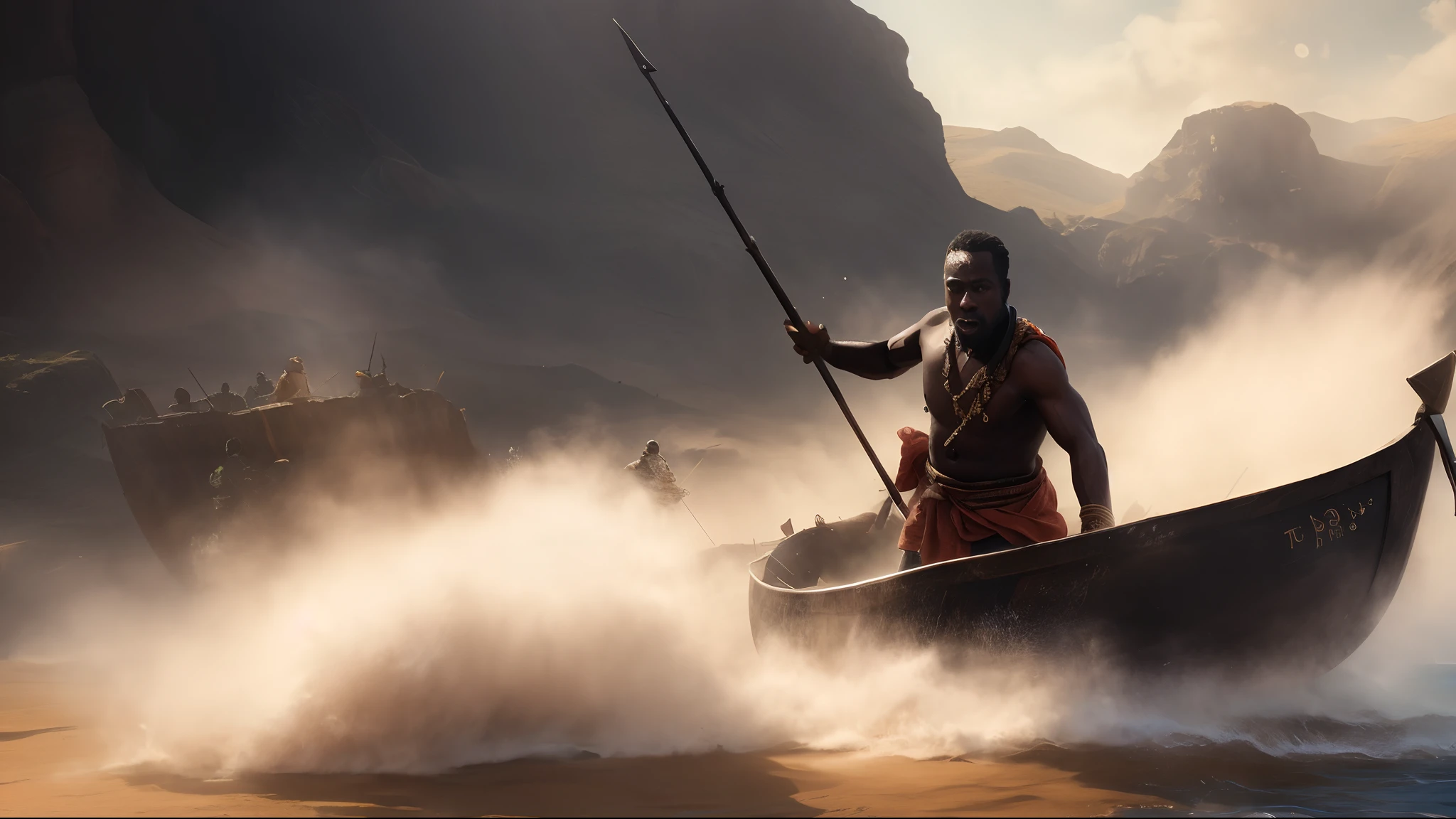 There is a man in a boat on the water with a spear, 8 k filme ainda, filme ainda 8K, cinematografia impressionante, high res 8k, epic 8k, epic 8 k, Epic 8K dinner, Arte 4K, estilo fantasia 8 k octane render, Efeitos visuais impressionantes, Guerreiro Maasai, 4k ainda, dramatic cinematic action shot