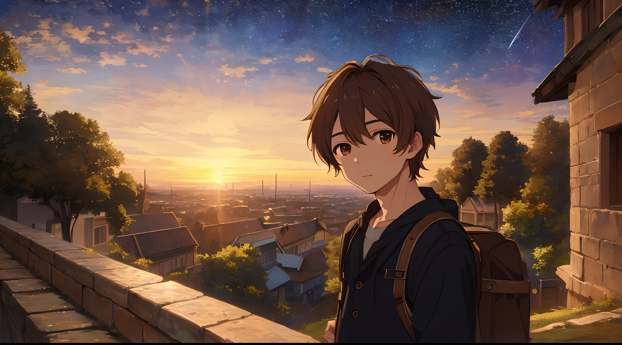 (Best quality:1.2), (masterpiece:1.2), (highly detailed:1.3), 1 younger boy, peasant, brown hair, brown eyes, sad, sunset as day gives way to night, a starry sky begins disappearing above, immersive image, anime