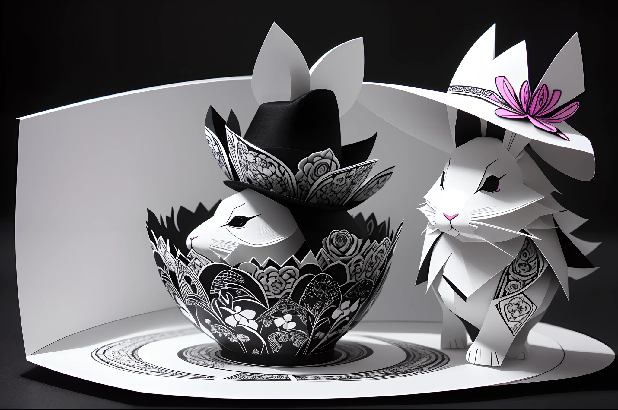 Paper cut image of a white rabbit inside a black hat. Kirigigami, paper art, Highly detailed, colourful. Flowers around.