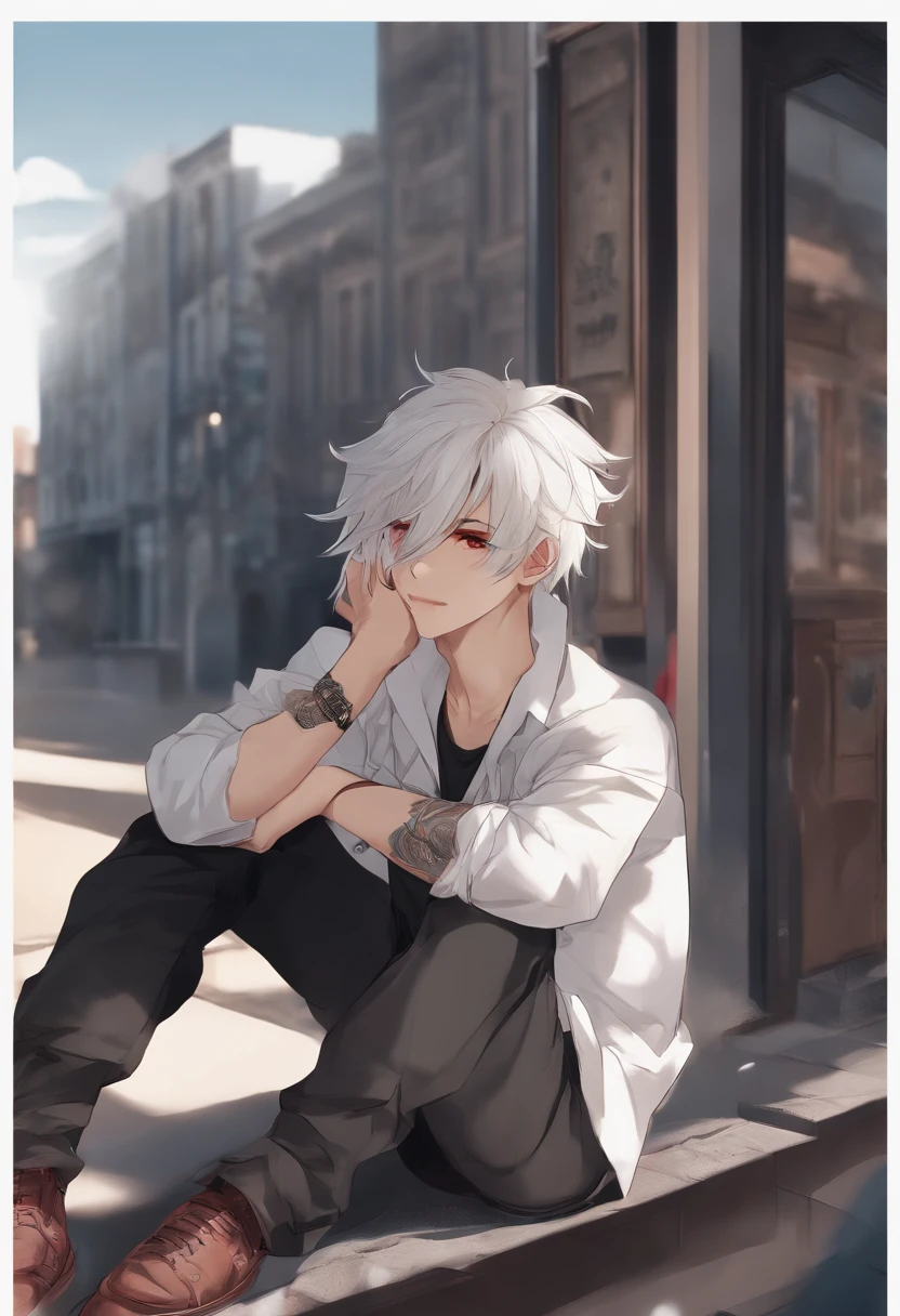 1boy, medium white hair, red eyes, wearing black casual street clothes, city, high res, ultrasharp,8k, masterpiece, looking at viewer, handsome, high def hair , high def eyes, older look, sitting, hair slightly over eyes, emo, slightly messy hair, hair slightly covering one eye, french braided, anime style, tattoos, anime male